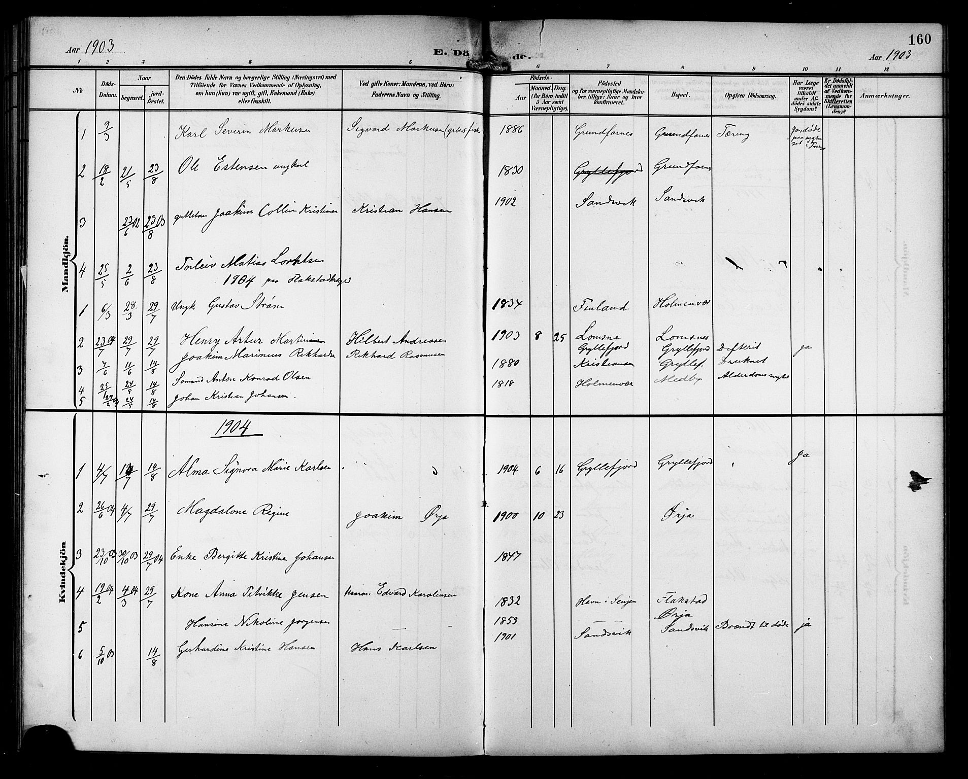 Berg sokneprestkontor, SATØ/S-1318/G/Ga/Gab/L0013klokker: Klokkerbok nr. 13, 1902-1922, s. 160