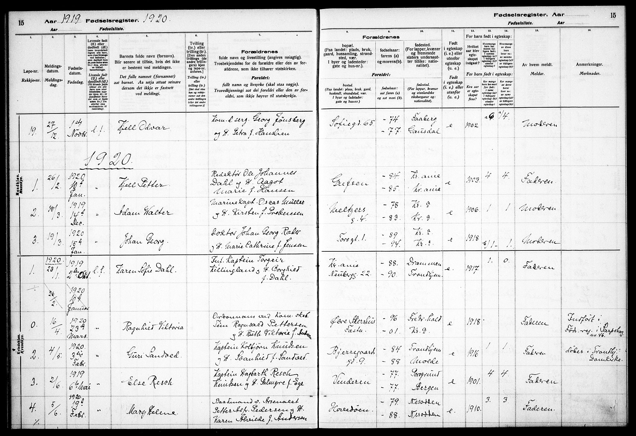 Garnisonsmenigheten Kirkebøker, AV/SAO-A-10846/J/Ja/L0001: Fødselsregister nr. 1, 1916-1938, s. 15