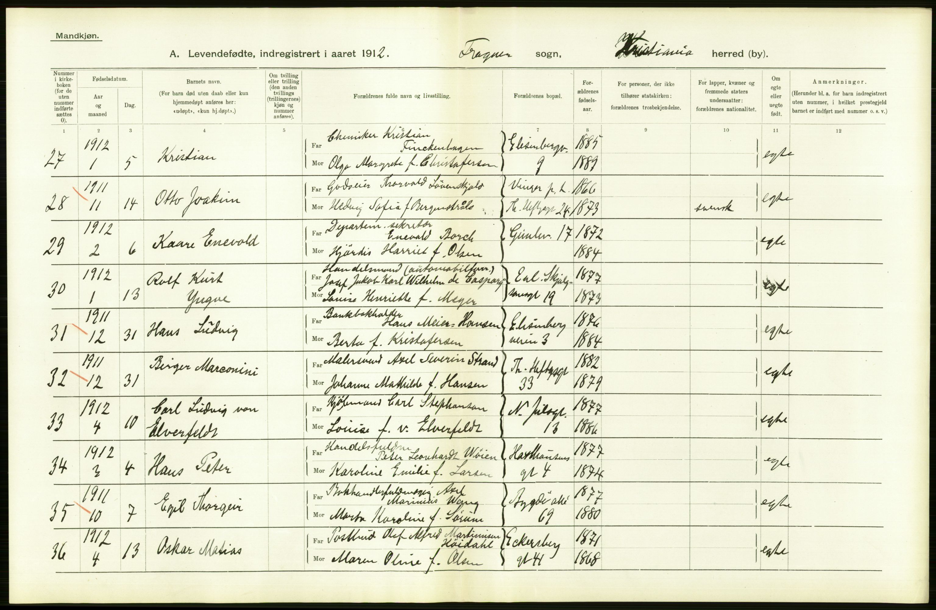 Statistisk sentralbyrå, Sosiodemografiske emner, Befolkning, RA/S-2228/D/Df/Dfb/Dfbb/L0007: Kristiania:  Levendefødte menn og kvinner., 1912, s. 452