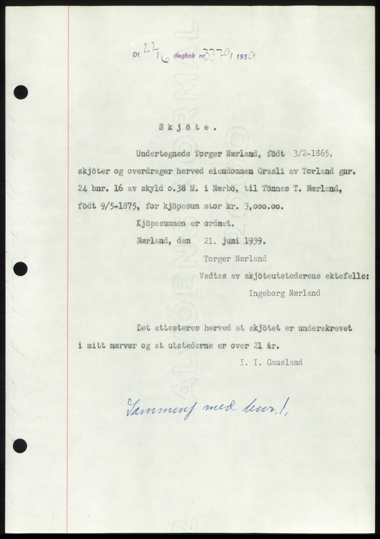 Jæren sorenskriveri, SAST/A-100310/03/G/Gba/L0074: Pantebok, 1939-1939, Dagboknr: 3379/1939