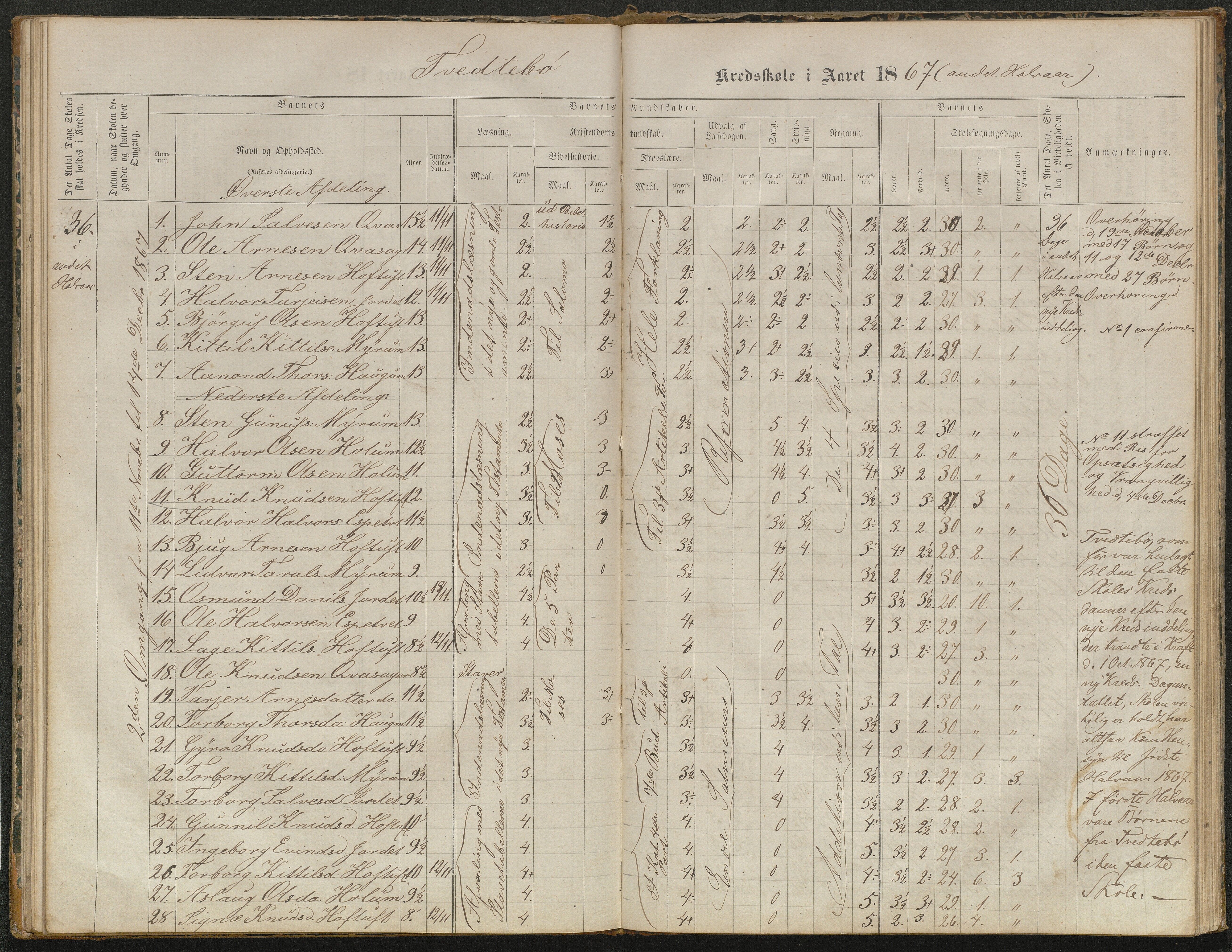 Valle kommune, AAKS/KA0940-PK/03/L0052: Karakterprotokoll for Homme skule. Karakterprotokoll for Oveinang skule. Karakterprotokoll for Tveitebø skule. Karakterprotokoll for den frivillige undervisning i Homme, 1863-1882