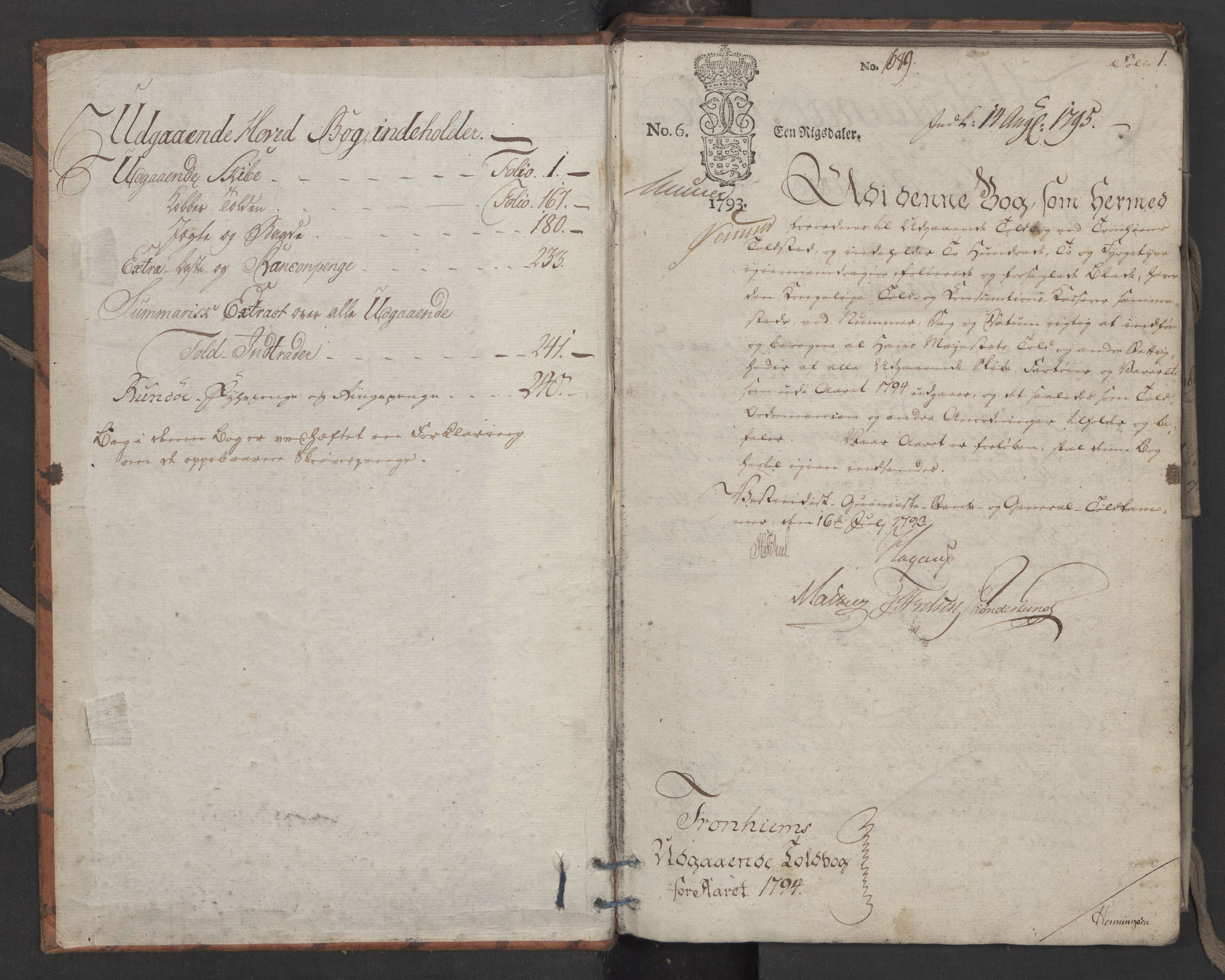 Generaltollkammeret, tollregnskaper, AV/RA-EA-5490/R33/L0206/0001: Tollregnskaper Trondheim A / Utgående tollbok, 1794, s. 1a