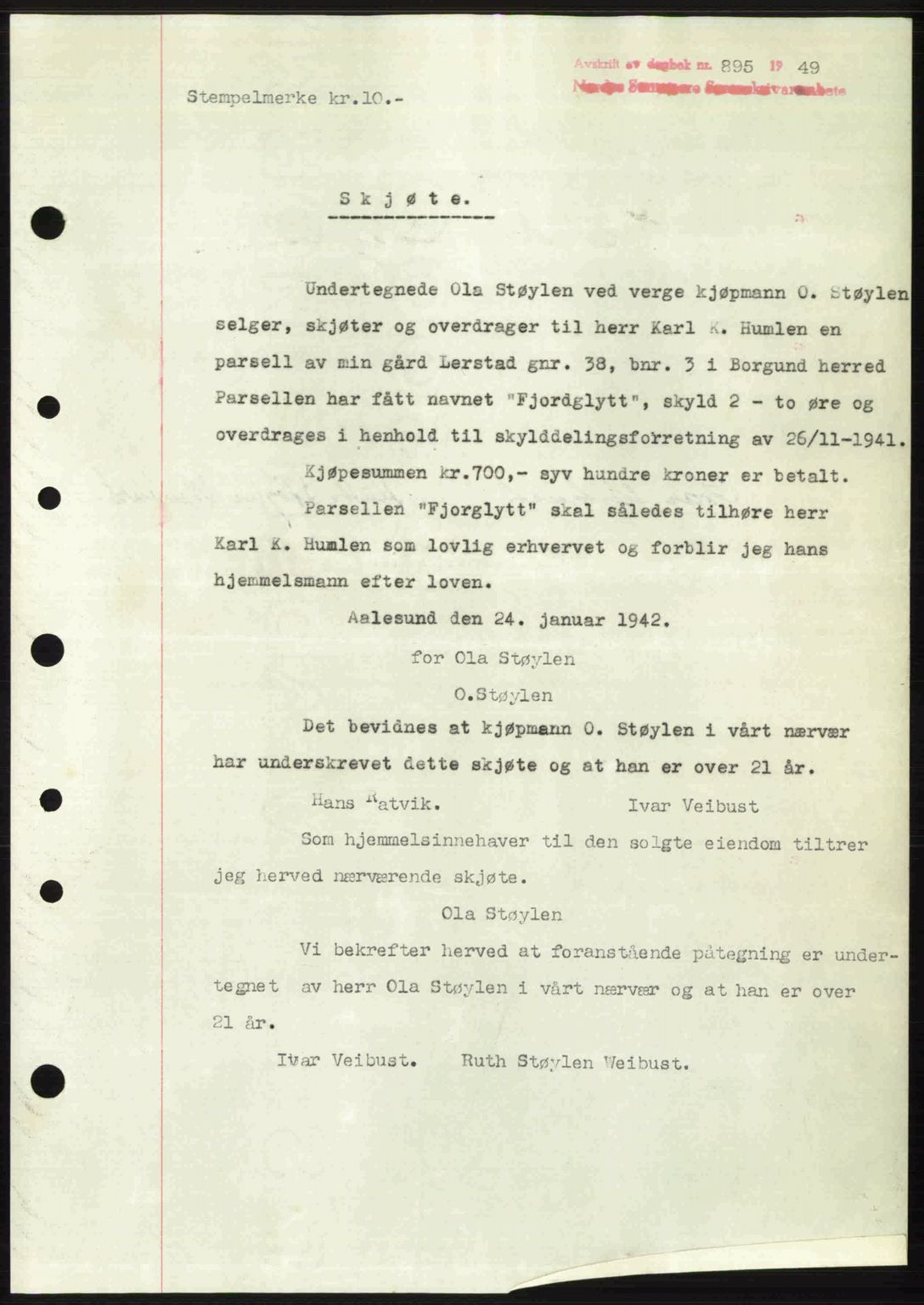 Nordre Sunnmøre sorenskriveri, SAT/A-0006/1/2/2C/2Ca: Pantebok nr. A30, 1949-1949, Dagboknr: 895/1949