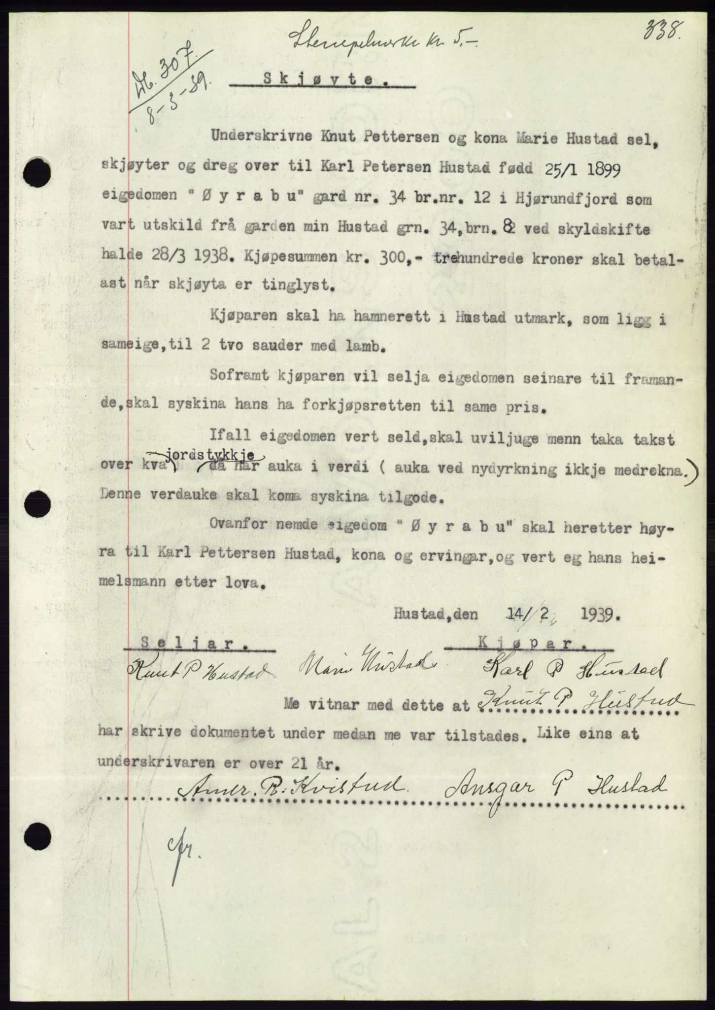 Søre Sunnmøre sorenskriveri, AV/SAT-A-4122/1/2/2C/L0067: Pantebok nr. 61, 1938-1939, Dagboknr: 307/1939