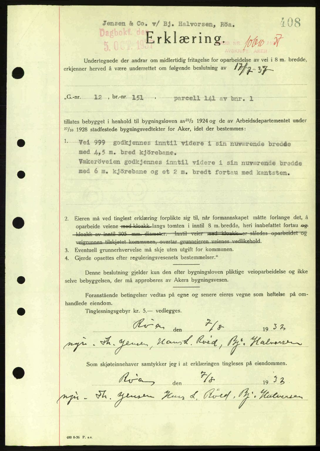 Aker herredsskriveri, SAO/A-10896/G/Gb/Gba/Gbab/L0017: Pantebok nr. A148, 1937-1937, Dagboknr: 10610/1937