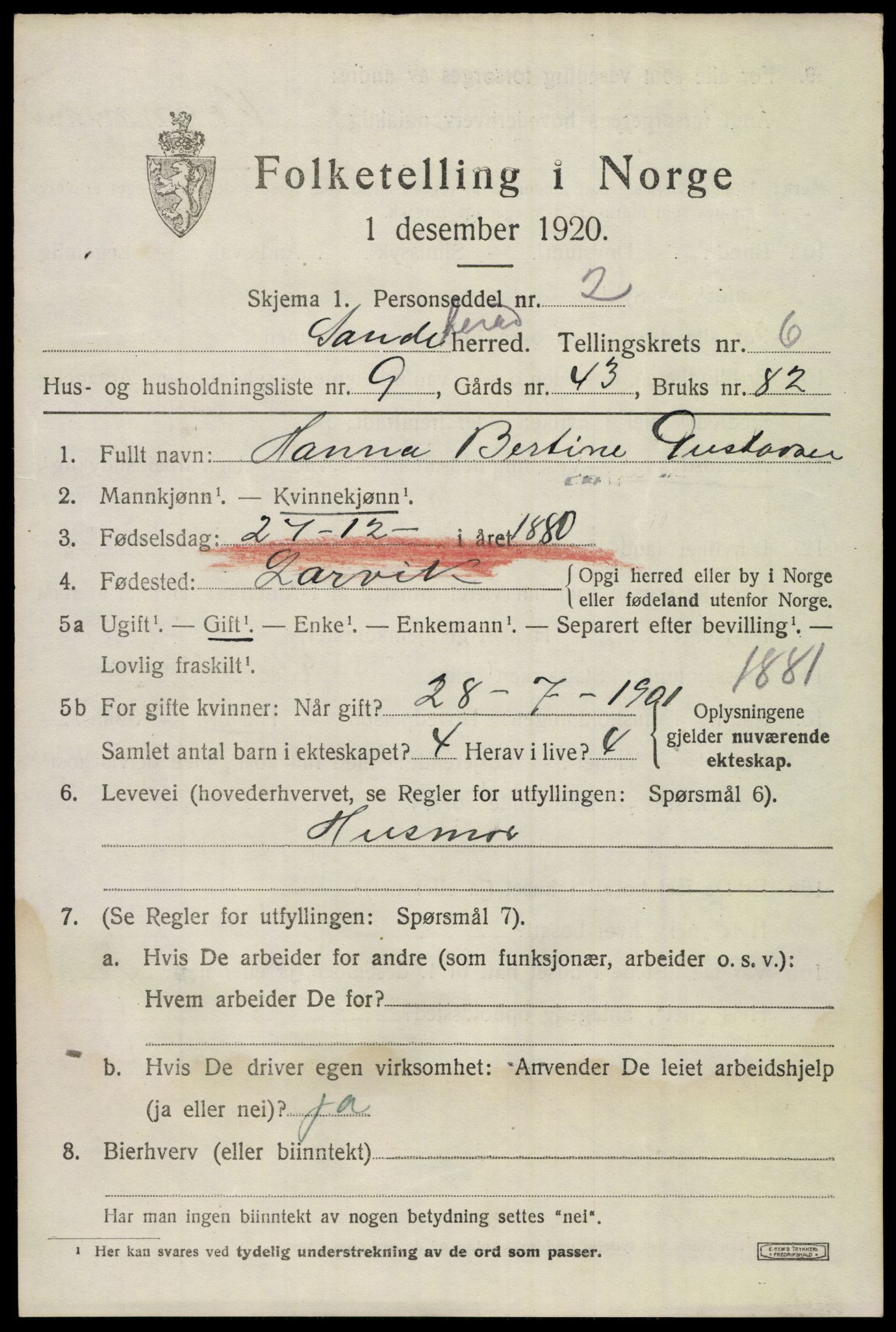 SAKO, Folketelling 1920 for 0724 Sandeherred herred, 1920, s. 9706