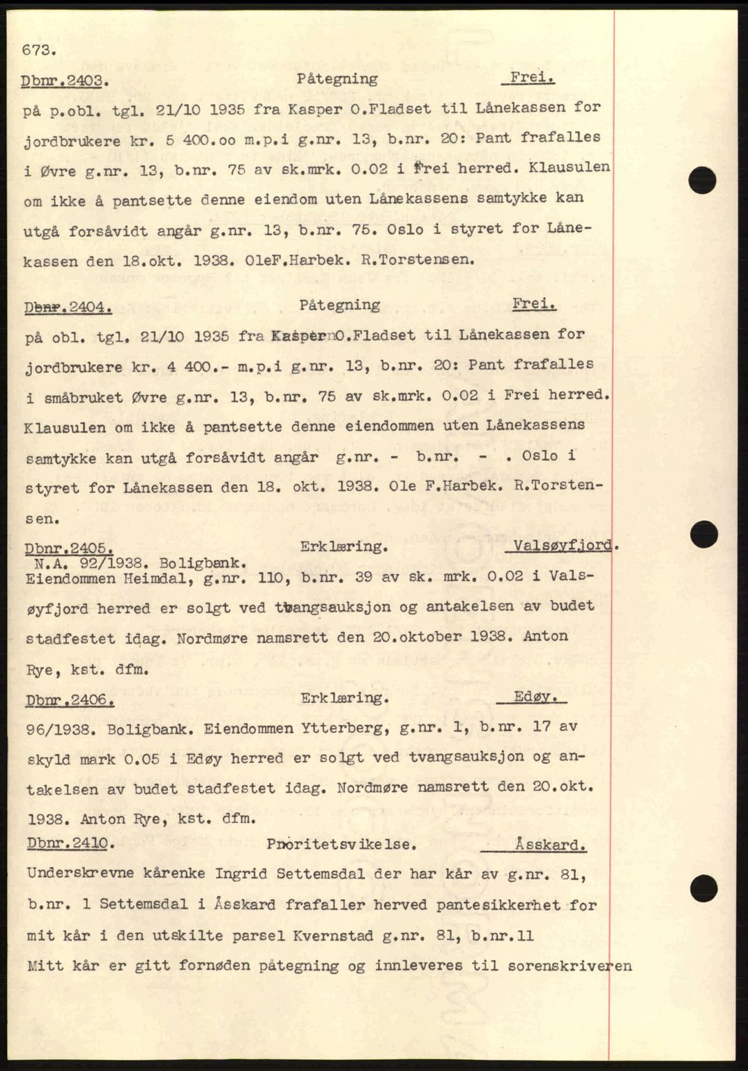 Nordmøre sorenskriveri, AV/SAT-A-4132/1/2/2Ca: Pantebok nr. C80, 1936-1939, Dagboknr: 2403/1938