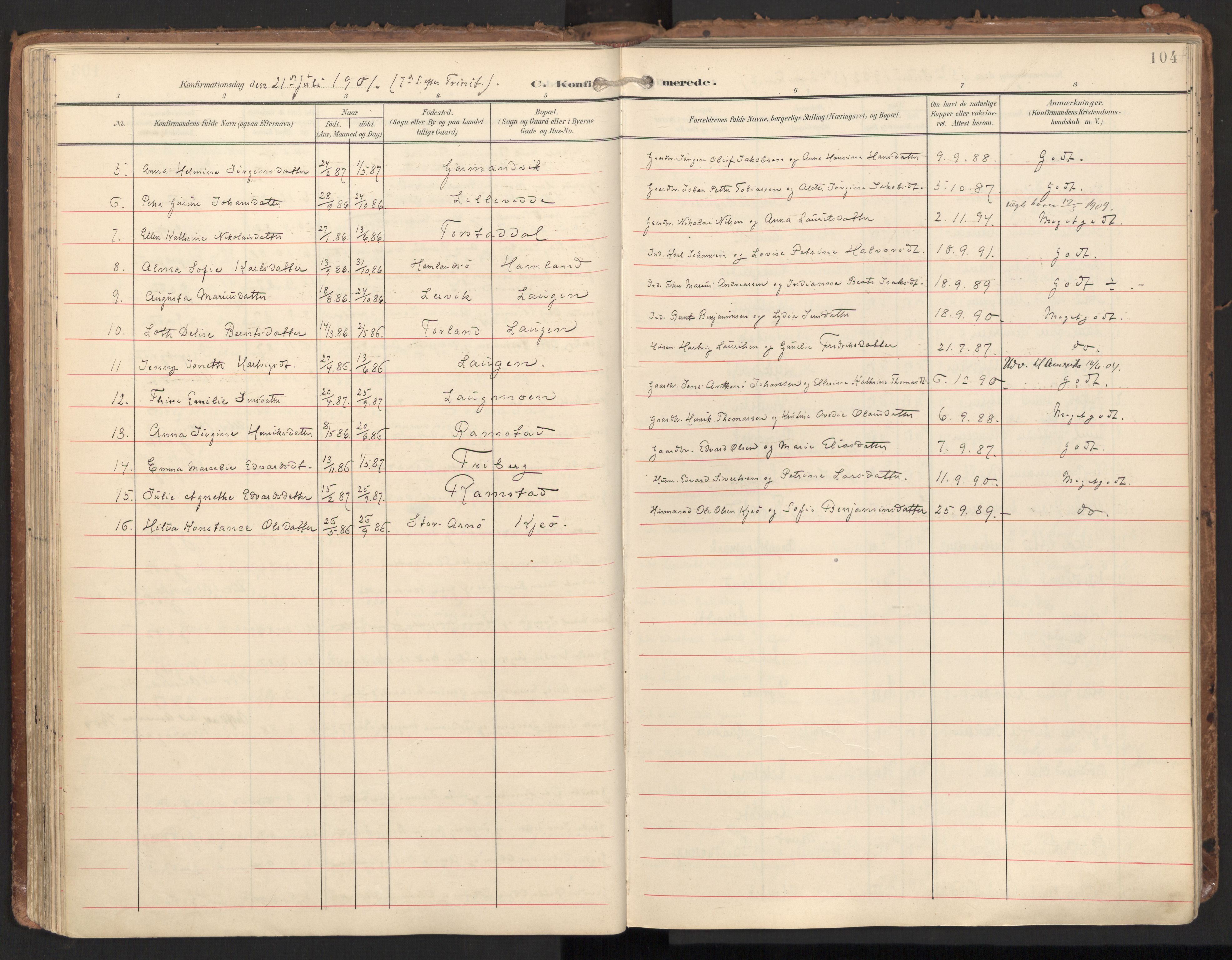 Ministerialprotokoller, klokkerbøker og fødselsregistre - Nord-Trøndelag, AV/SAT-A-1458/784/L0677: Ministerialbok nr. 784A12, 1900-1920, s. 104