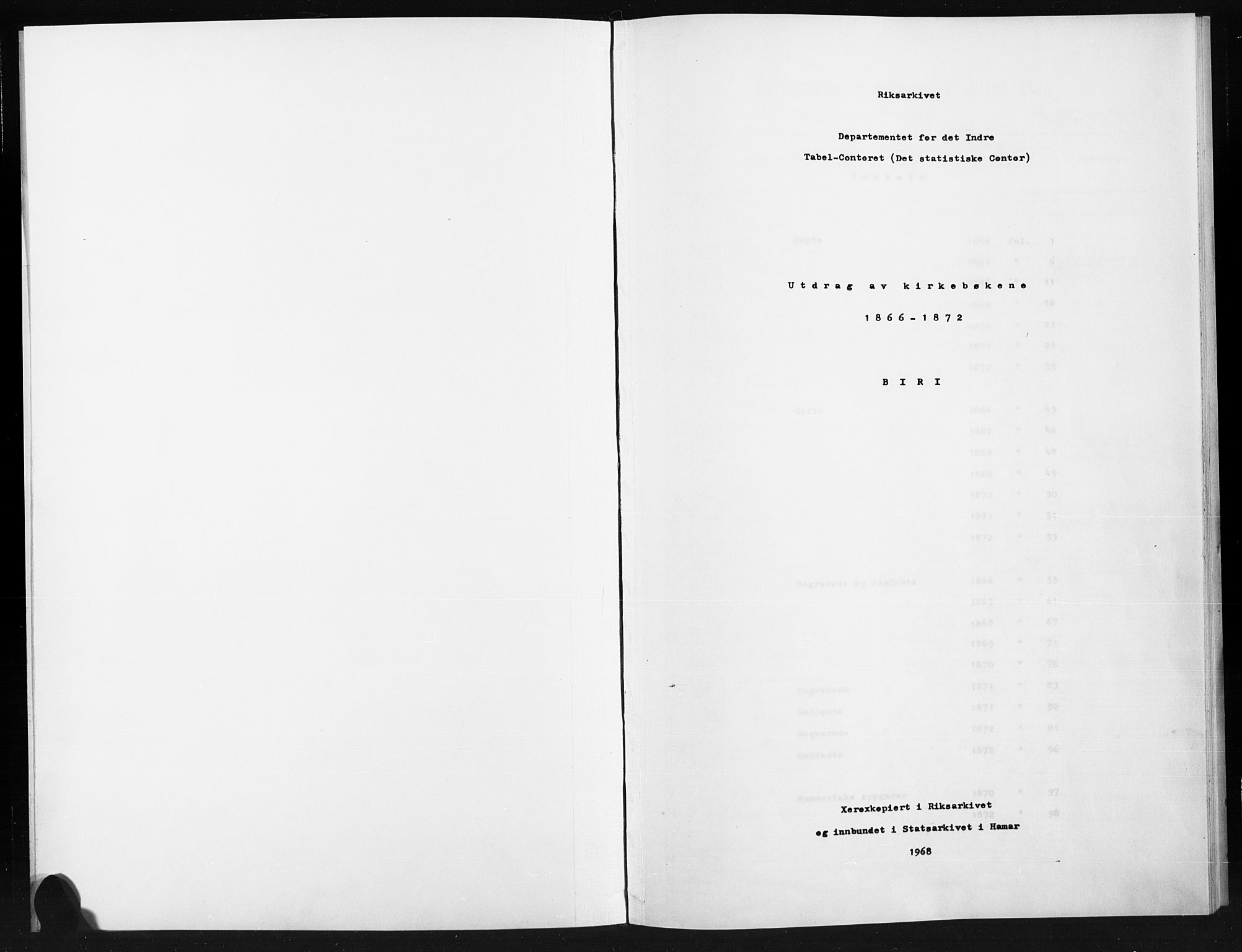 Statistisk sentralbyrå, Sosiodemografiske emner, Befolkning, RA/S-2228/D/Dd: Ministerialbok nr. -, 1866-1872