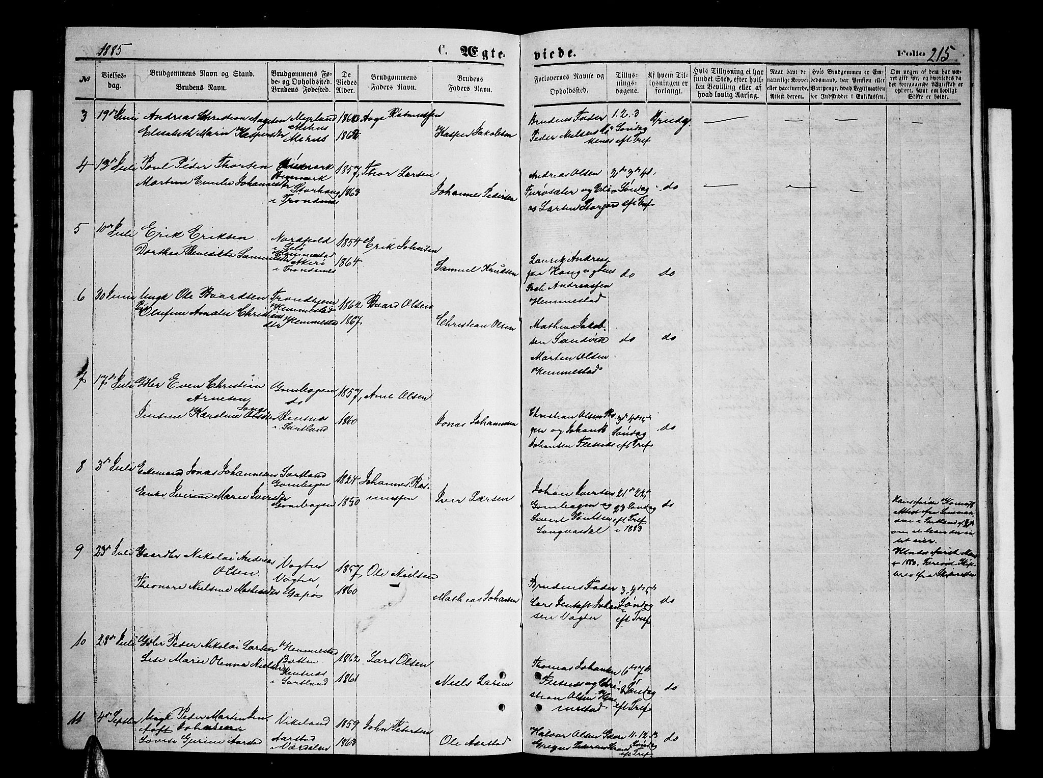 Kvæfjord sokneprestkontor, AV/SATØ-S-1323/G/Ga/Gab/L0004klokker: Klokkerbok nr. 4, 1870-1886, s. 215
