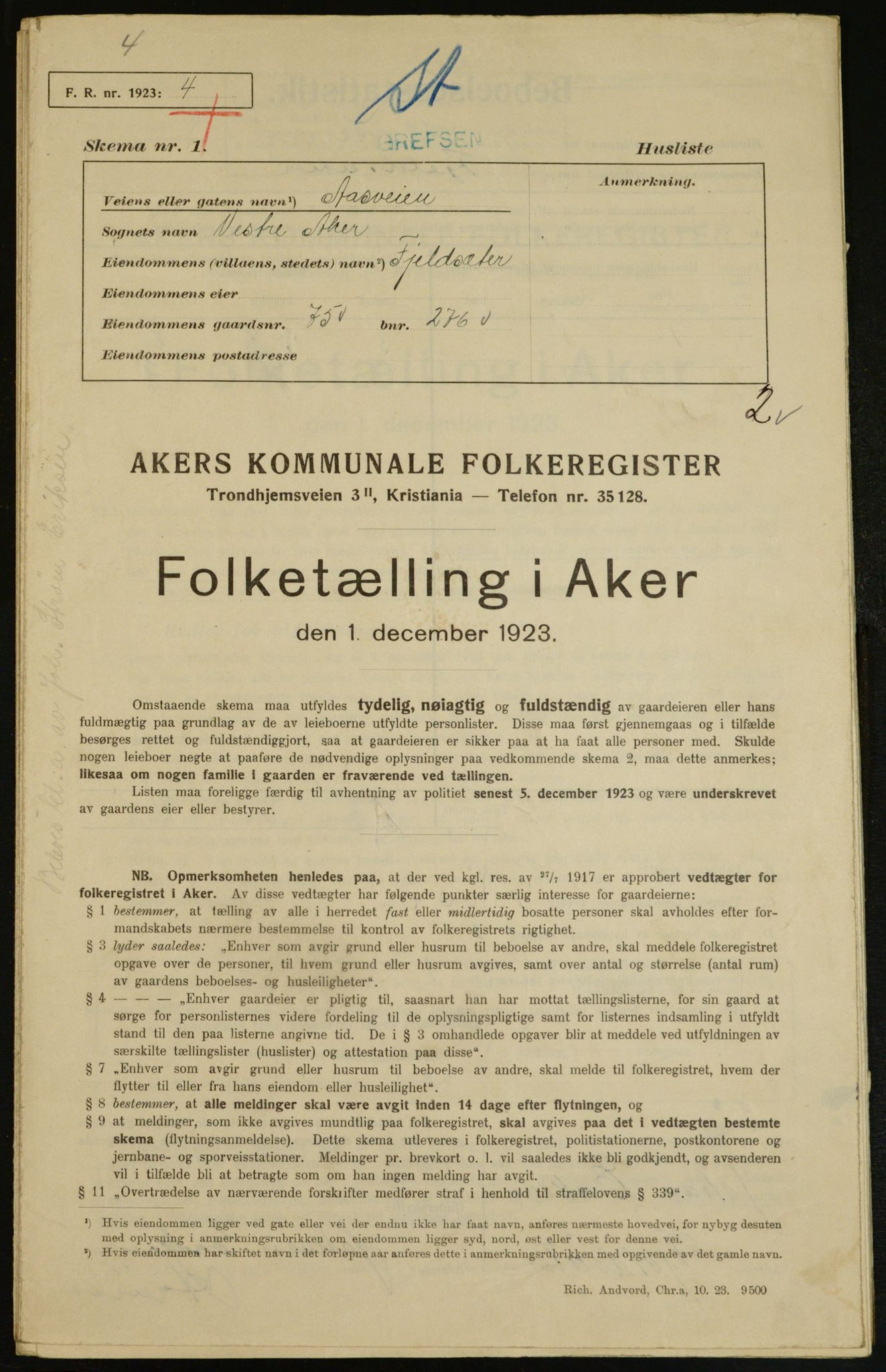 , Kommunal folketelling 1.12.1923 for Aker, 1923, s. 7410