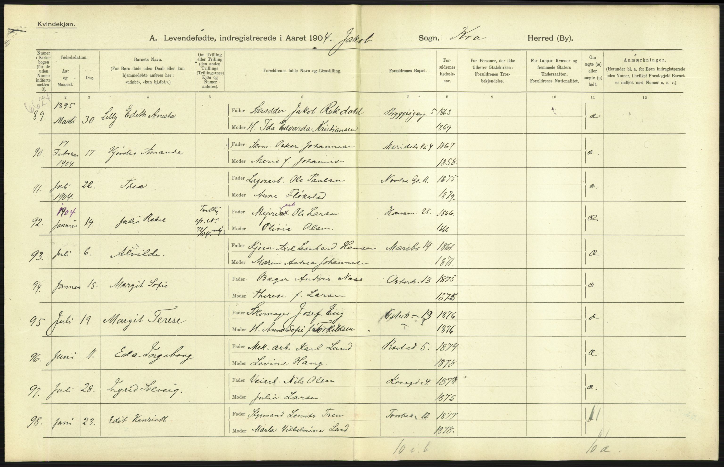 Statistisk sentralbyrå, Sosiodemografiske emner, Befolkning, AV/RA-S-2228/D/Df/Dfa/Dfab/L0003: Kristiania: Fødte, 1904, s. 27