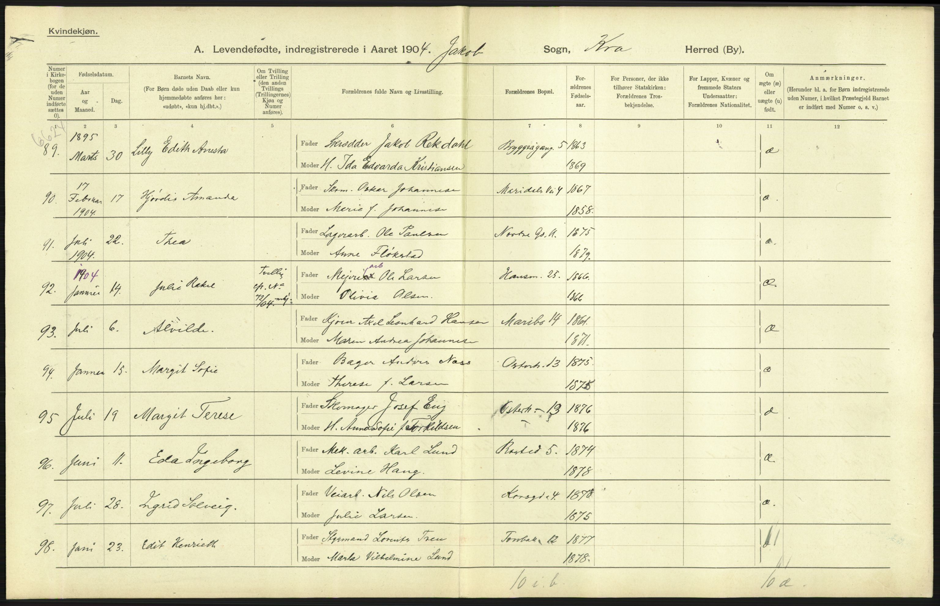 Statistisk sentralbyrå, Sosiodemografiske emner, Befolkning, AV/RA-S-2228/D/Df/Dfa/Dfab/L0003: Kristiania: Fødte, 1904, s. 27