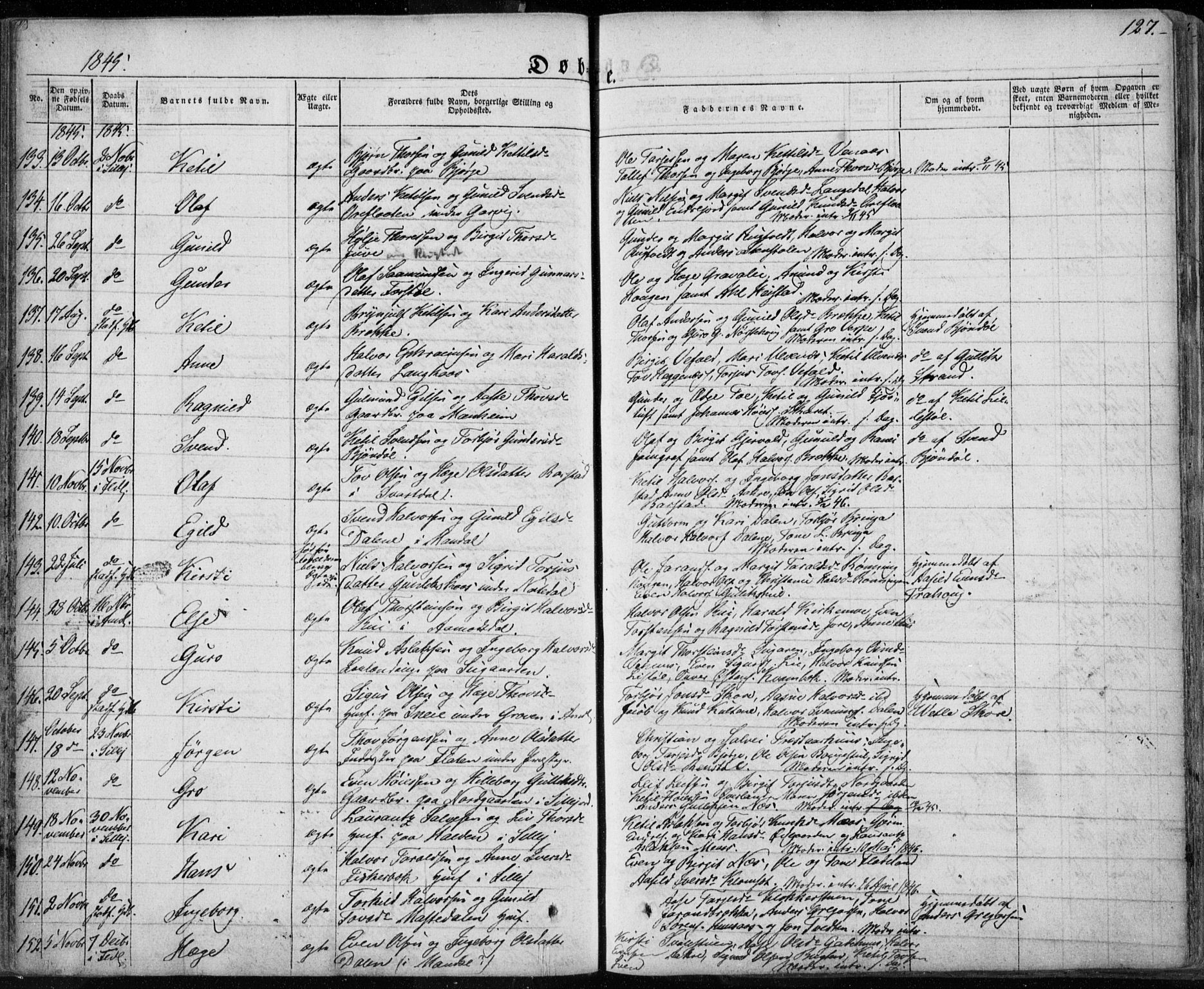 Seljord kirkebøker, AV/SAKO-A-20/F/Fa/L0011: Ministerialbok nr. I 11, 1831-1849, s. 127
