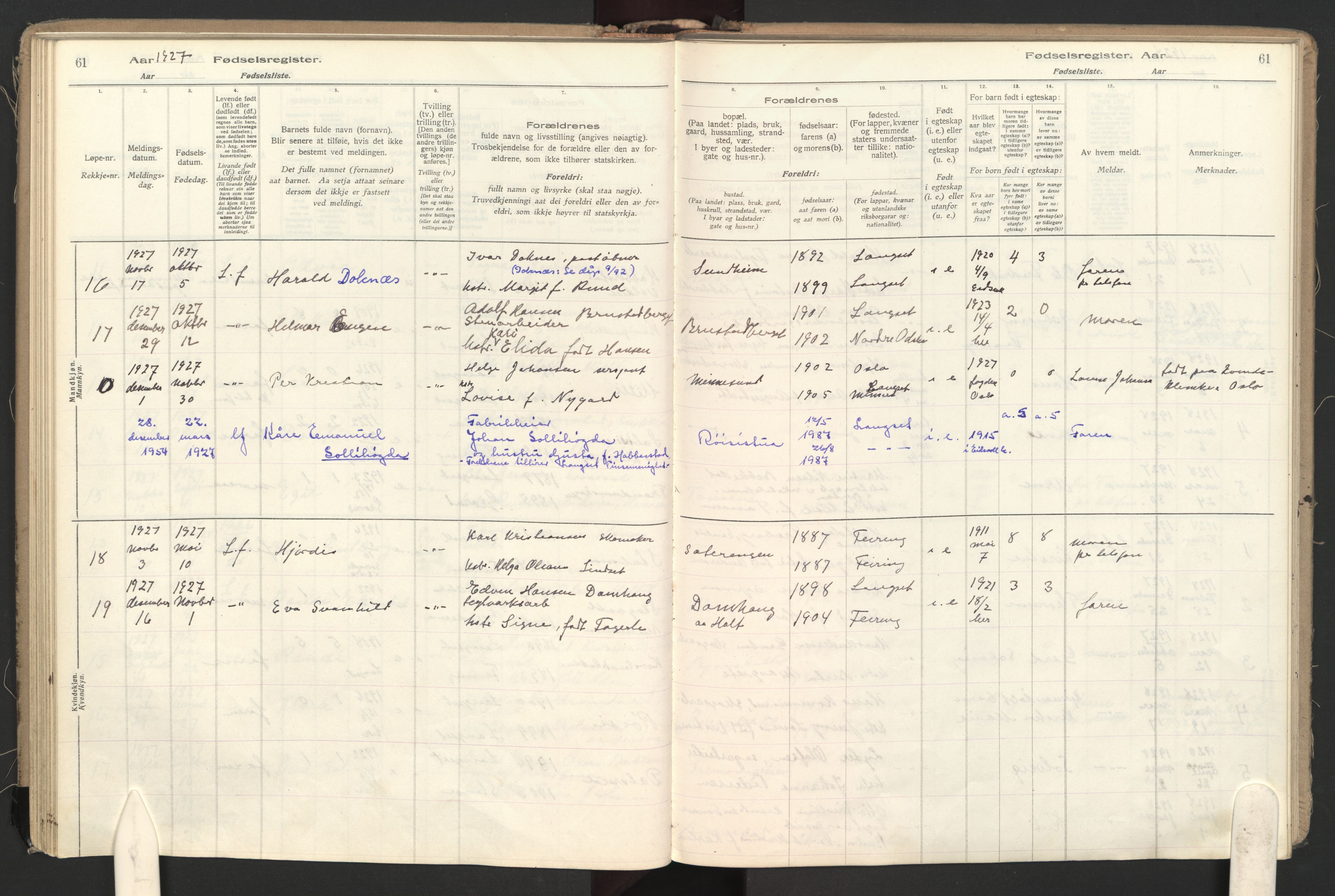 Eidsvoll prestekontor Kirkebøker, AV/SAO-A-10888/J/Jb/L0001: Fødselsregister nr. II 1, 1916-1959, s. 61