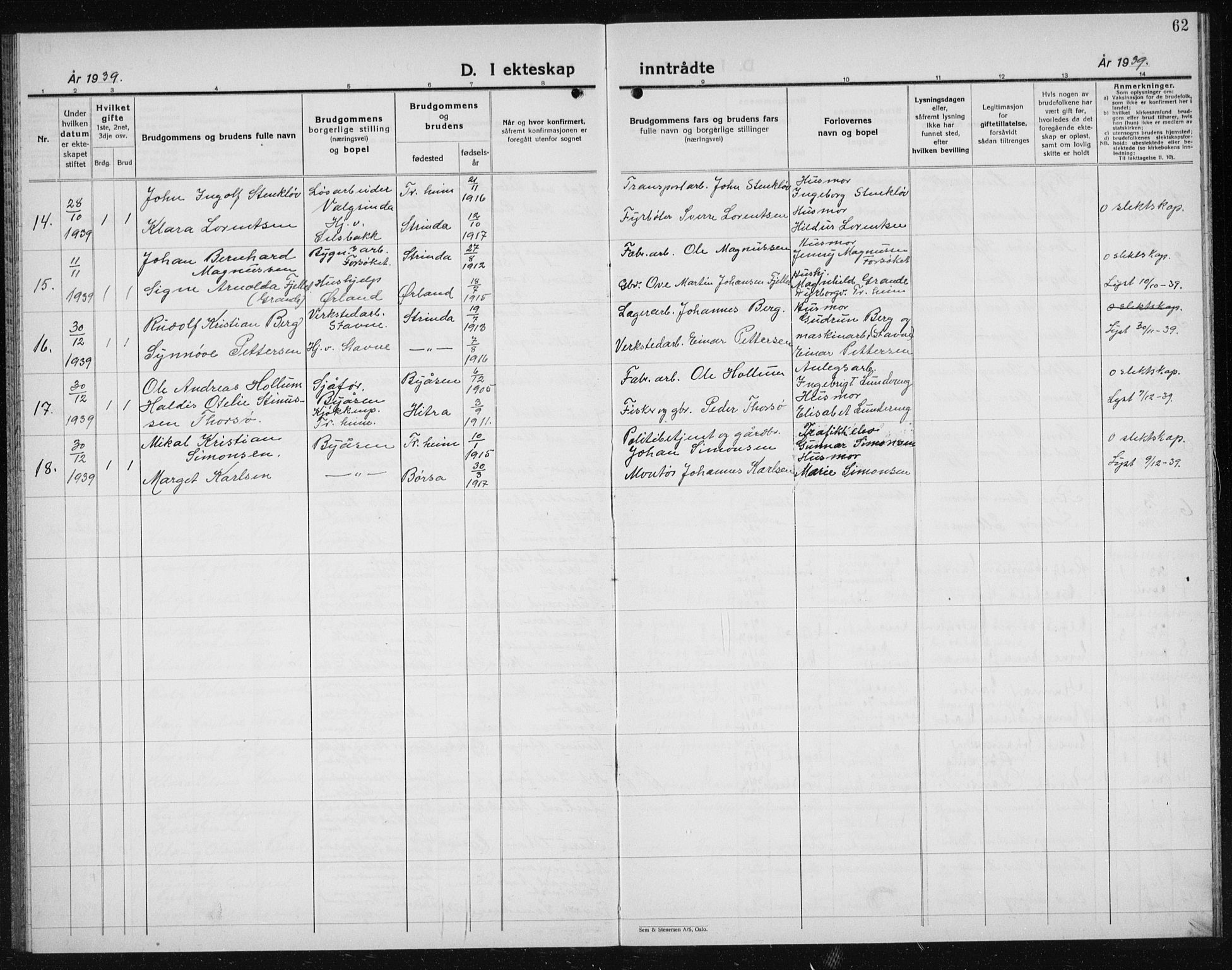 Ministerialprotokoller, klokkerbøker og fødselsregistre - Sør-Trøndelag, AV/SAT-A-1456/611/L0357: Klokkerbok nr. 611C05, 1938-1942, s. 62