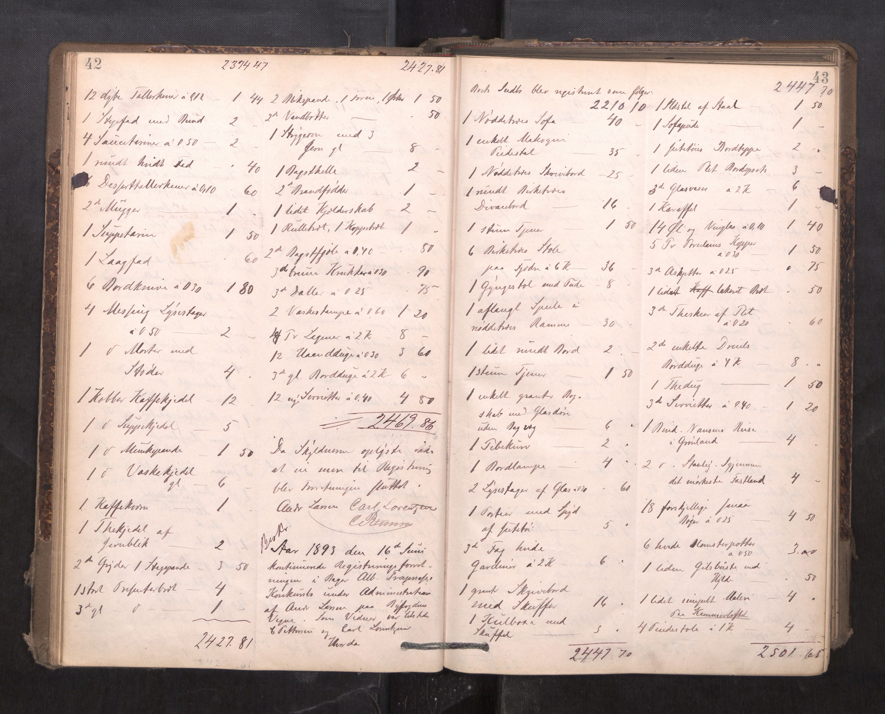 Trondheim byfogd, AV/SAT-A-0003/1/3/3C/L0015: Skifteregistreringsprotokoll - 24/2-21/3 (u/ register), 1893-1899, s. 42-43