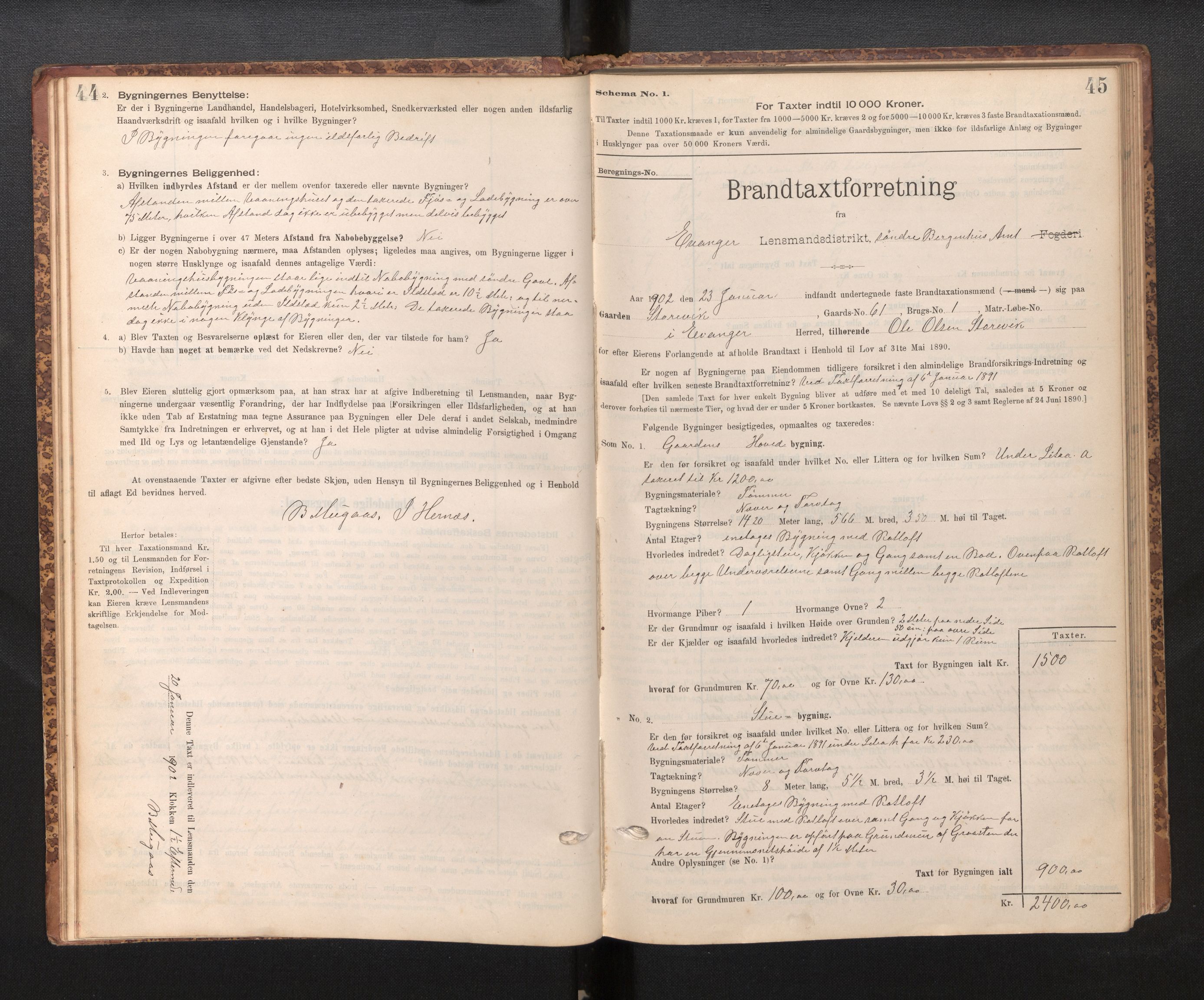 Lensmannen i Evanger, SAB/A-31701/0012/L0005: Branntakstprotokoll, skjematakst, 1895-1935, s. 44-45