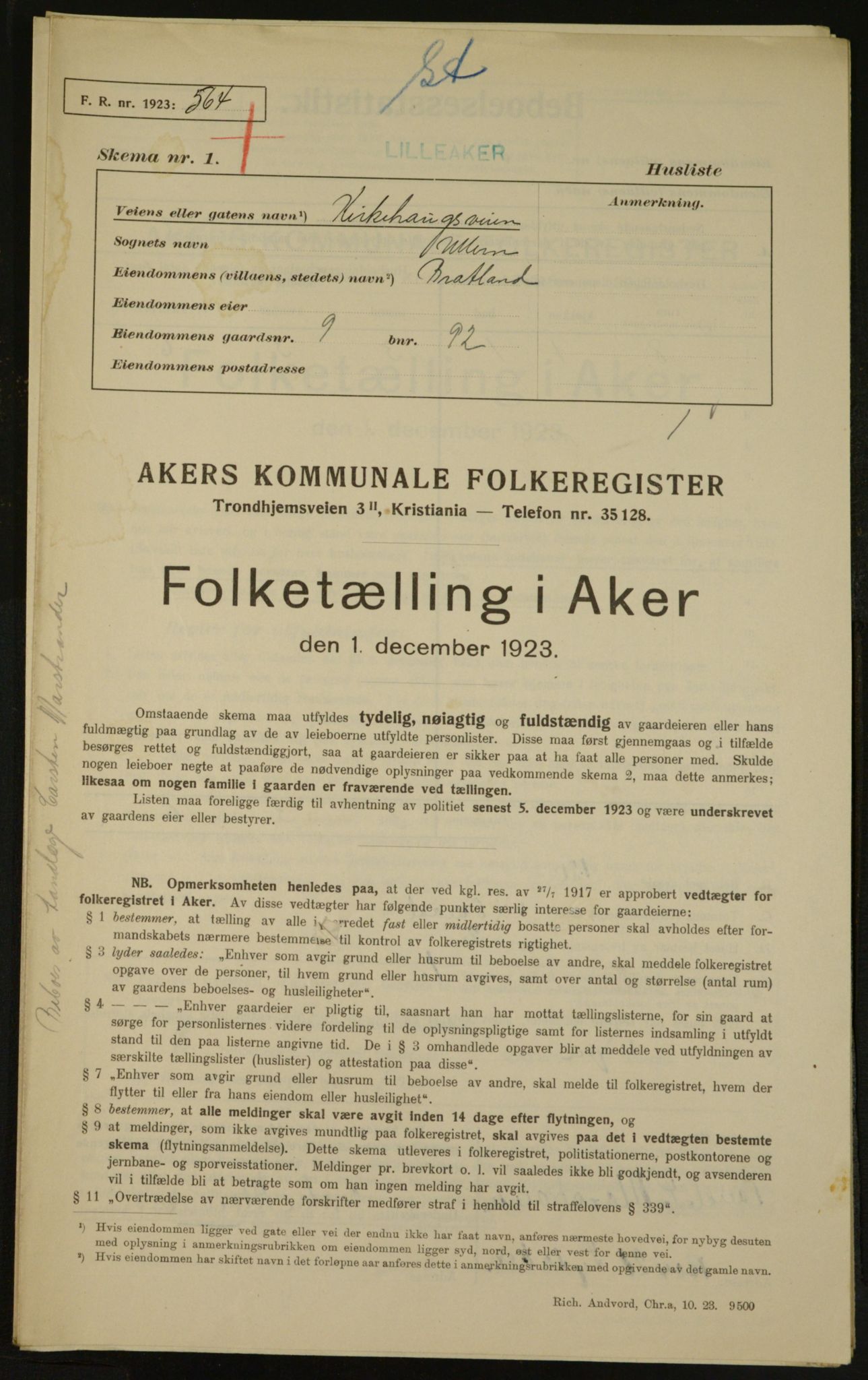 , Kommunal folketelling 1.12.1923 for Aker, 1923, s. 3290