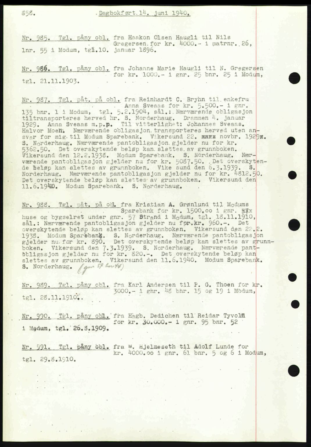Eiker, Modum og Sigdal sorenskriveri, SAKO/A-123/G/Ga/Gab/L0041: Pantebok nr. A11, 1939-1940, Dagboknr: 985/1940