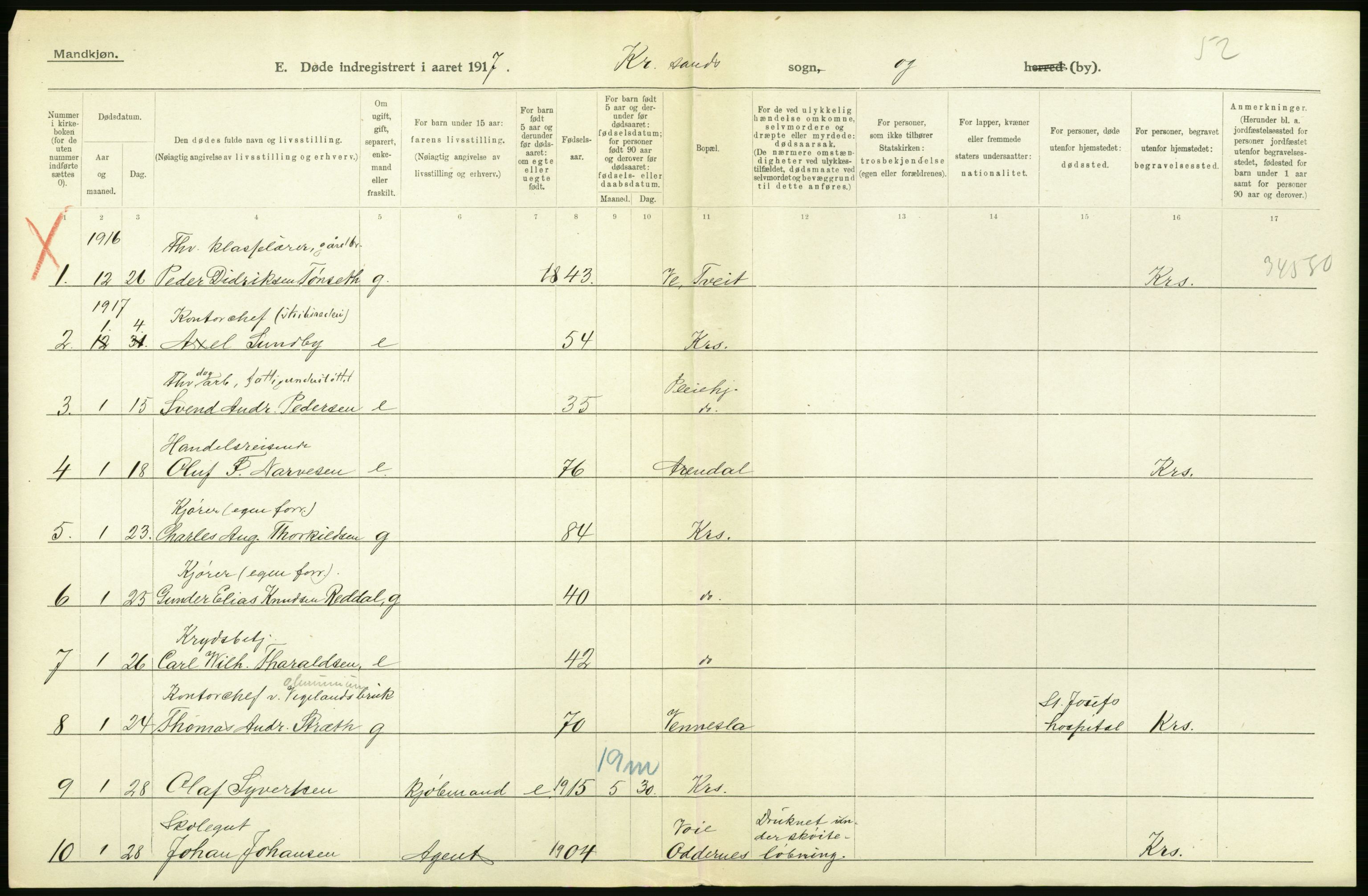 Statistisk sentralbyrå, Sosiodemografiske emner, Befolkning, AV/RA-S-2228/D/Df/Dfb/Dfbg/L0030: Lister og Mandals amt: Gifte, døde, dødfødte. Bygder og byer., 1917, s. 248