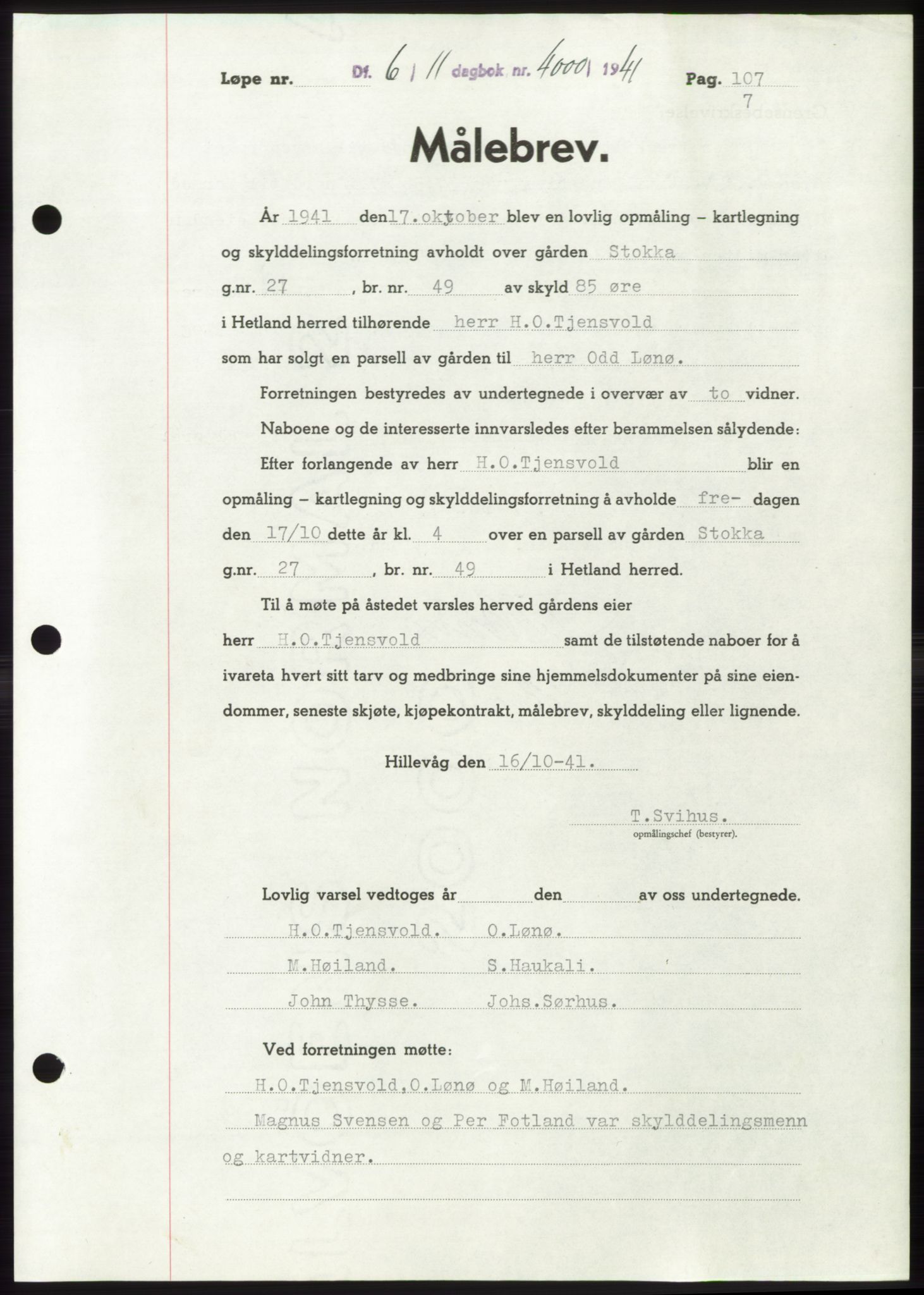 Jæren sorenskriveri, SAST/A-100310/03/G/Gba/L0081: Pantebok, 1941-1941, Dagboknr: 4000/1941