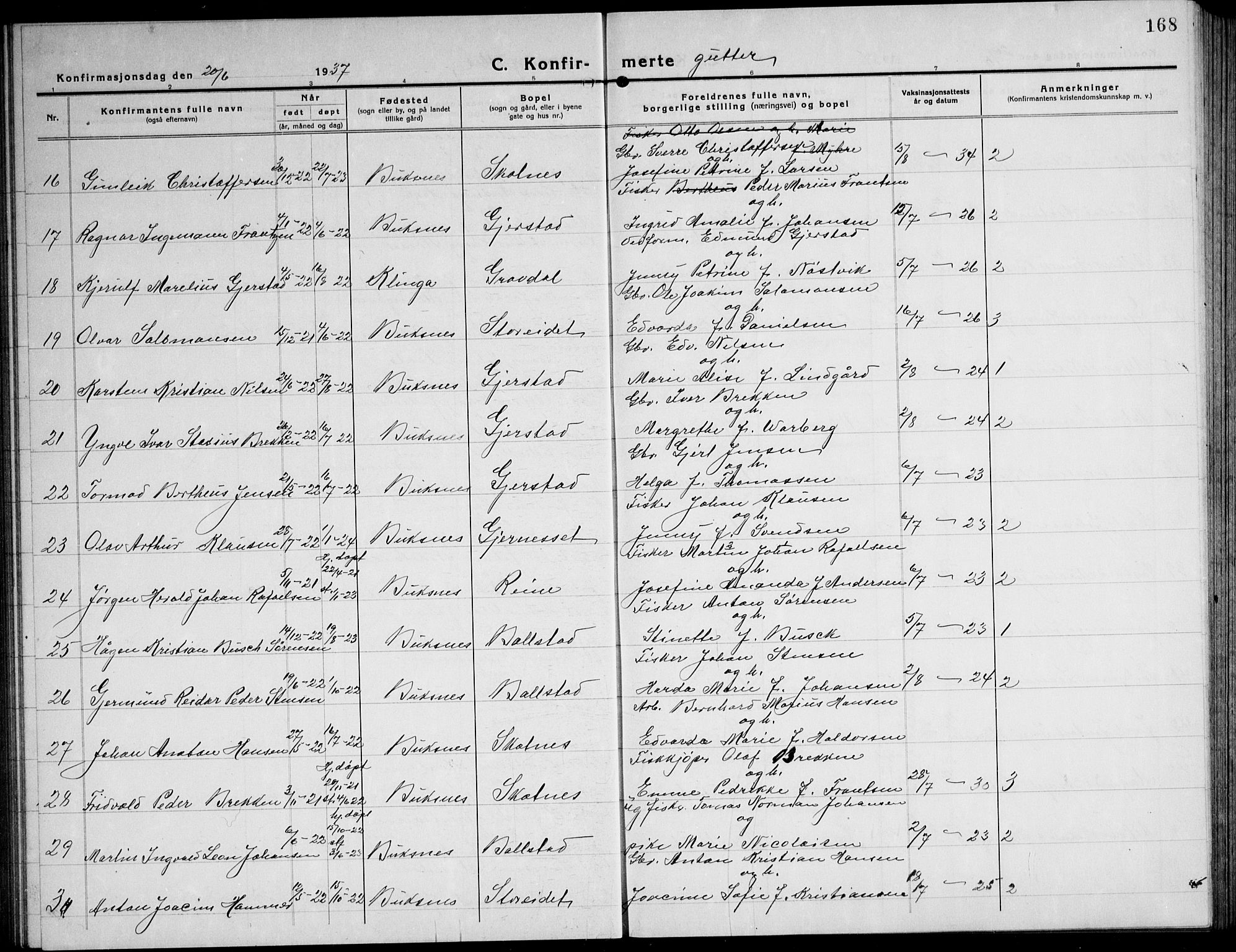 Ministerialprotokoller, klokkerbøker og fødselsregistre - Nordland, AV/SAT-A-1459/881/L1170: Klokkerbok nr. 881C07, 1930-1943, s. 168