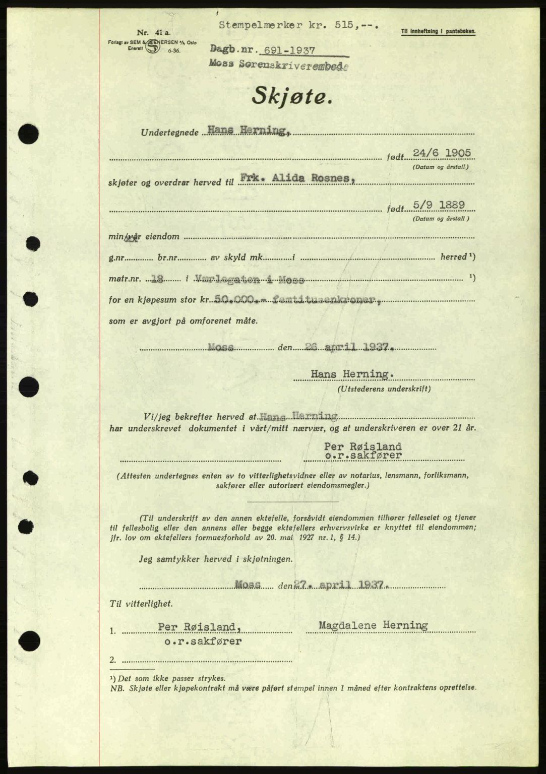 Moss sorenskriveri, SAO/A-10168: Pantebok nr. A2, 1936-1937, Dagboknr: 691/1937