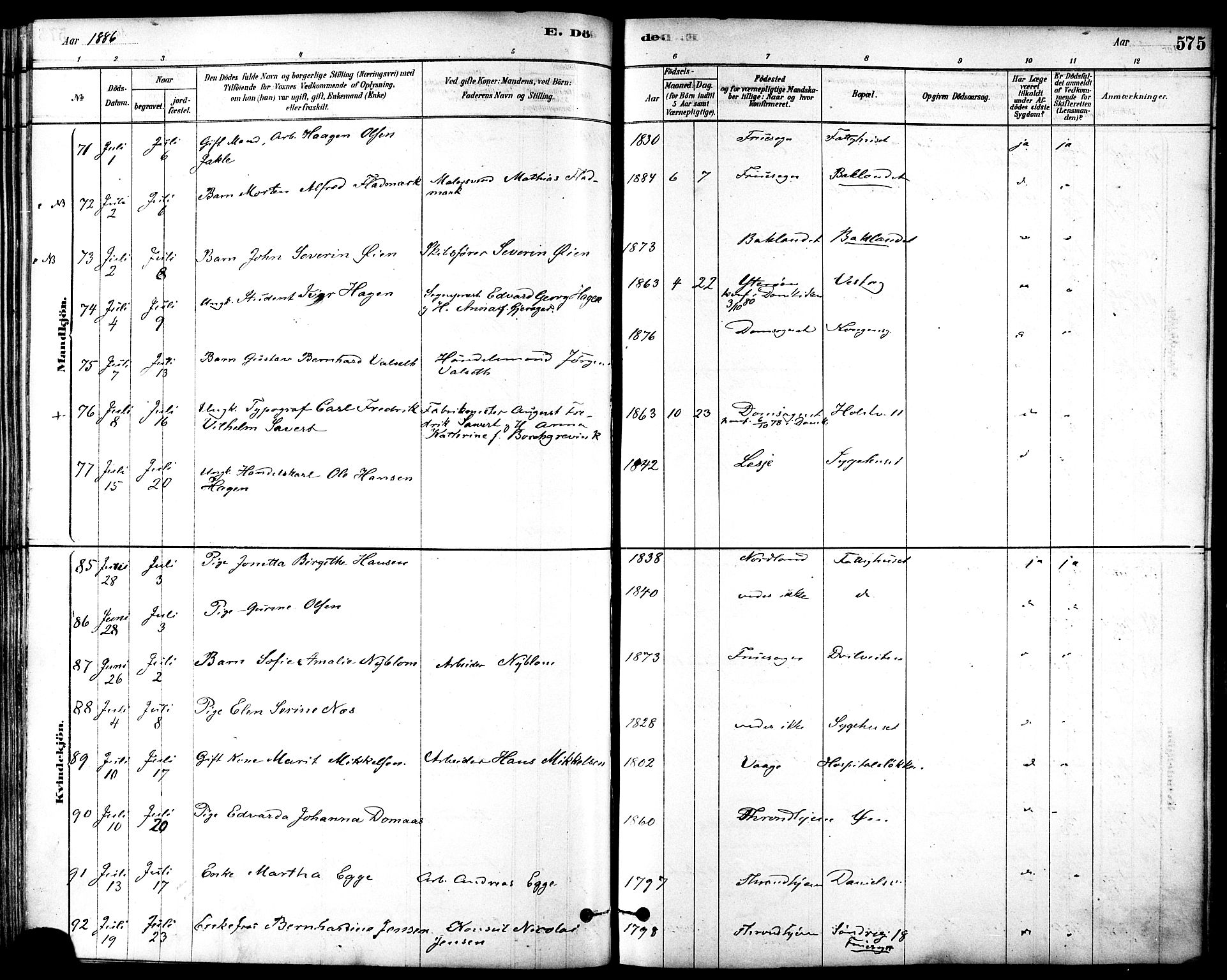 Ministerialprotokoller, klokkerbøker og fødselsregistre - Sør-Trøndelag, SAT/A-1456/601/L0058: Ministerialbok nr. 601A26, 1877-1891, s. 575