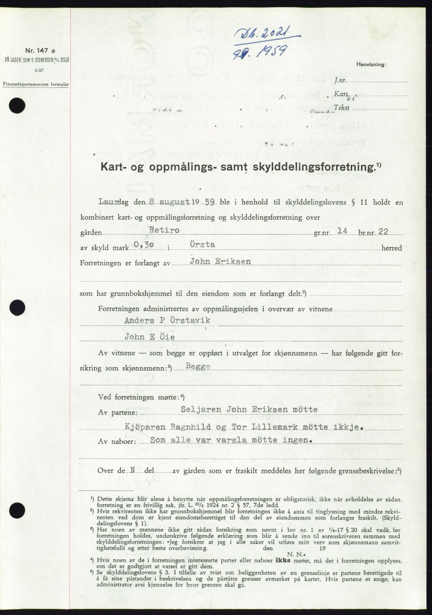 Søre Sunnmøre sorenskriveri, SAT/A-4122/1/2/2C/L0113: Pantebok nr. 39A, 1959-1959, Dagboknr: 2021/1959