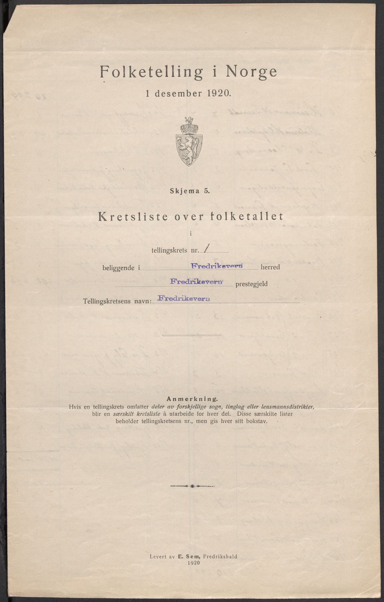 SAKO, Folketelling 1920 for 0798 Fredriksvern herred, 1920, s. 5