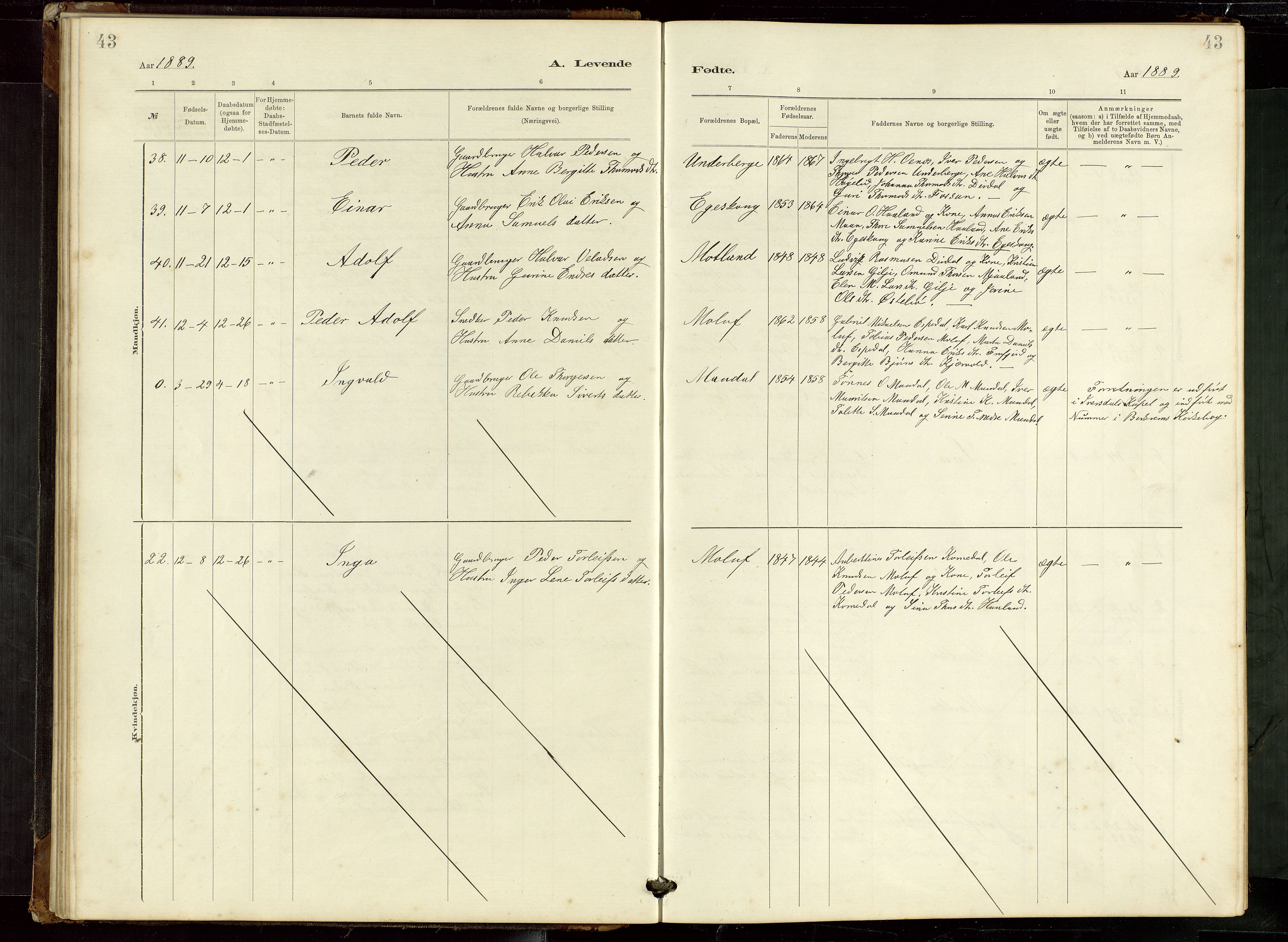 Høgsfjord sokneprestkontor, AV/SAST-A-101624/H/Ha/Hab/L0009: Klokkerbok nr. B 9, 1883-1920, s. 43