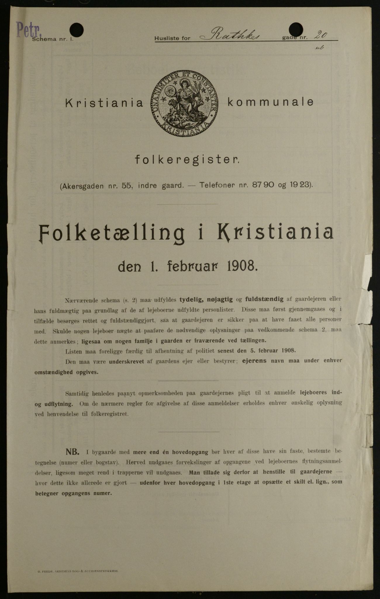OBA, Kommunal folketelling 1.2.1908 for Kristiania kjøpstad, 1908, s. 74265