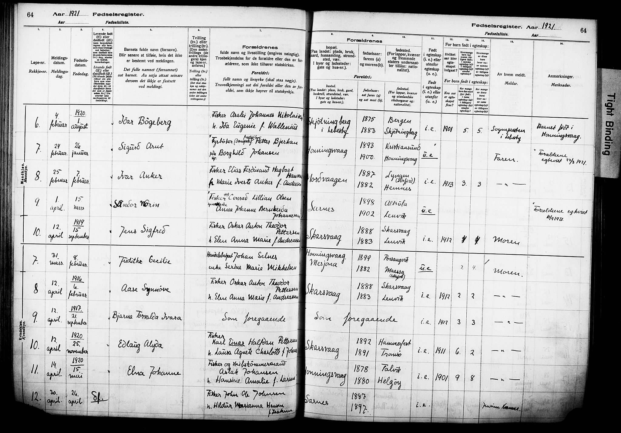 Kjelvik/Nordkapp sokneprestkontor, AV/SATØ-S-1350/I/Ia/L0015: Fødselsregister nr. 15, 1916-1930, s. 64