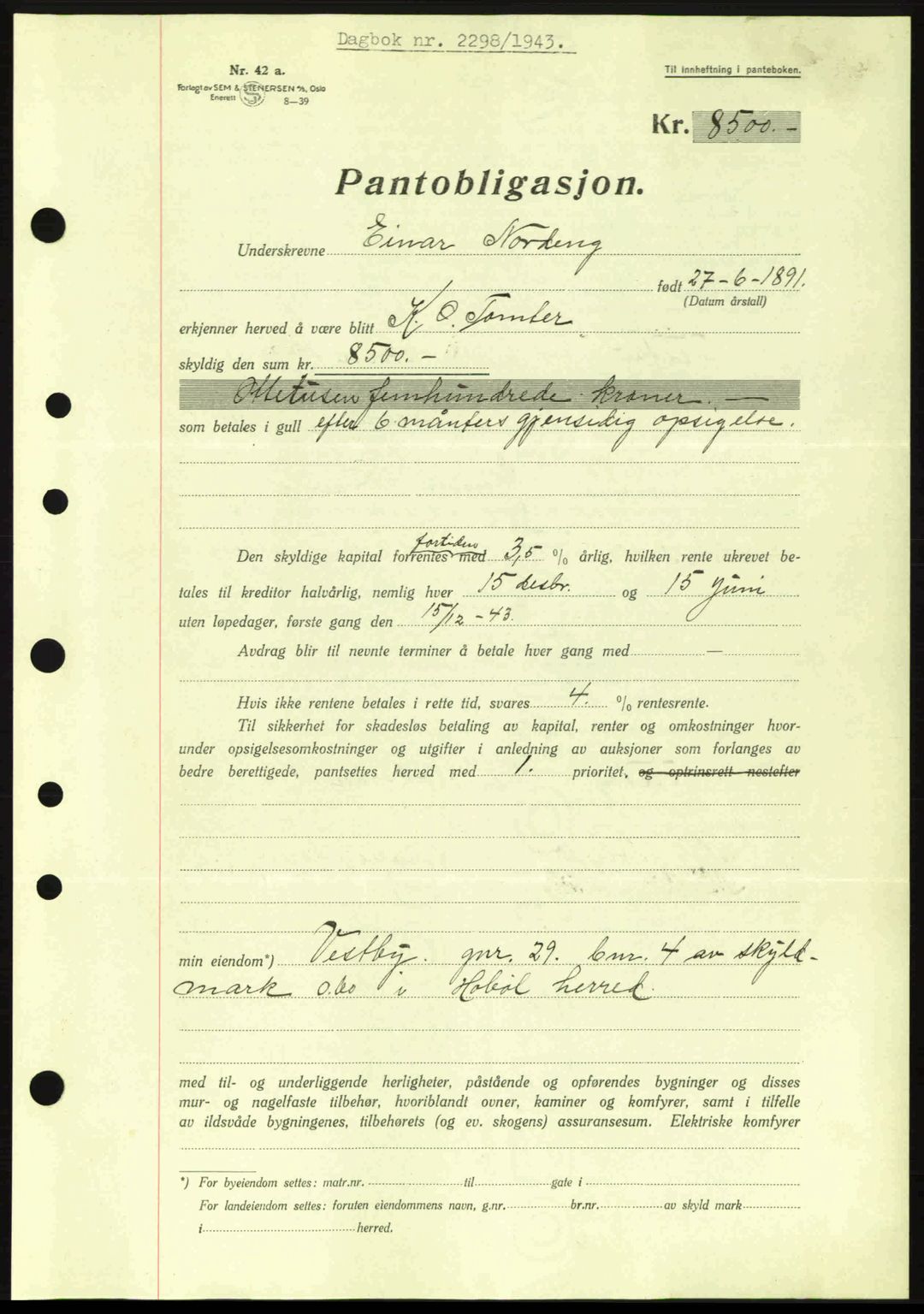 Moss sorenskriveri, SAO/A-10168: Pantebok nr. B13, 1943-1945, Dagboknr: 2298/1943