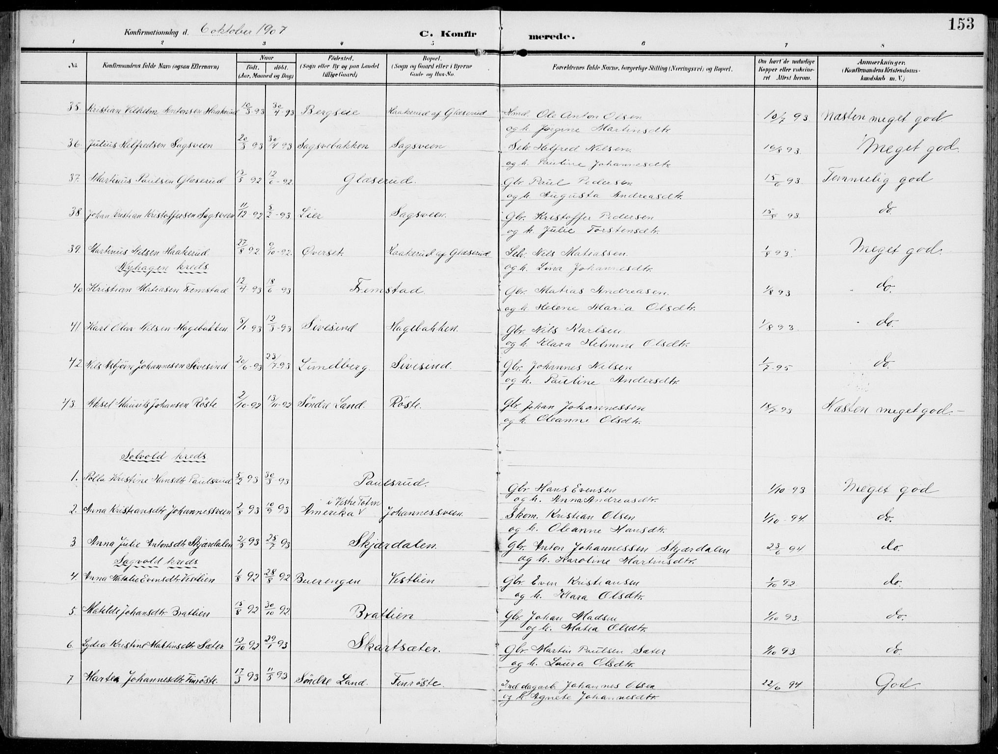 Vestre Toten prestekontor, AV/SAH-PREST-108/H/Ha/Haa/L0014: Ministerialbok nr. 14, 1907-1920, s. 153