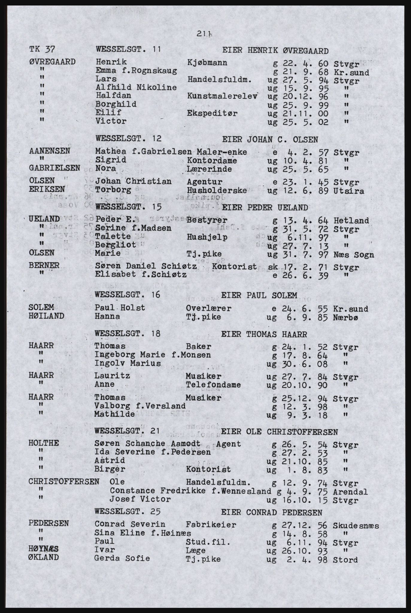 SAST, Avskrift av folketellingen 1920 for Stavanger kjøpstad, 1920, s. 217