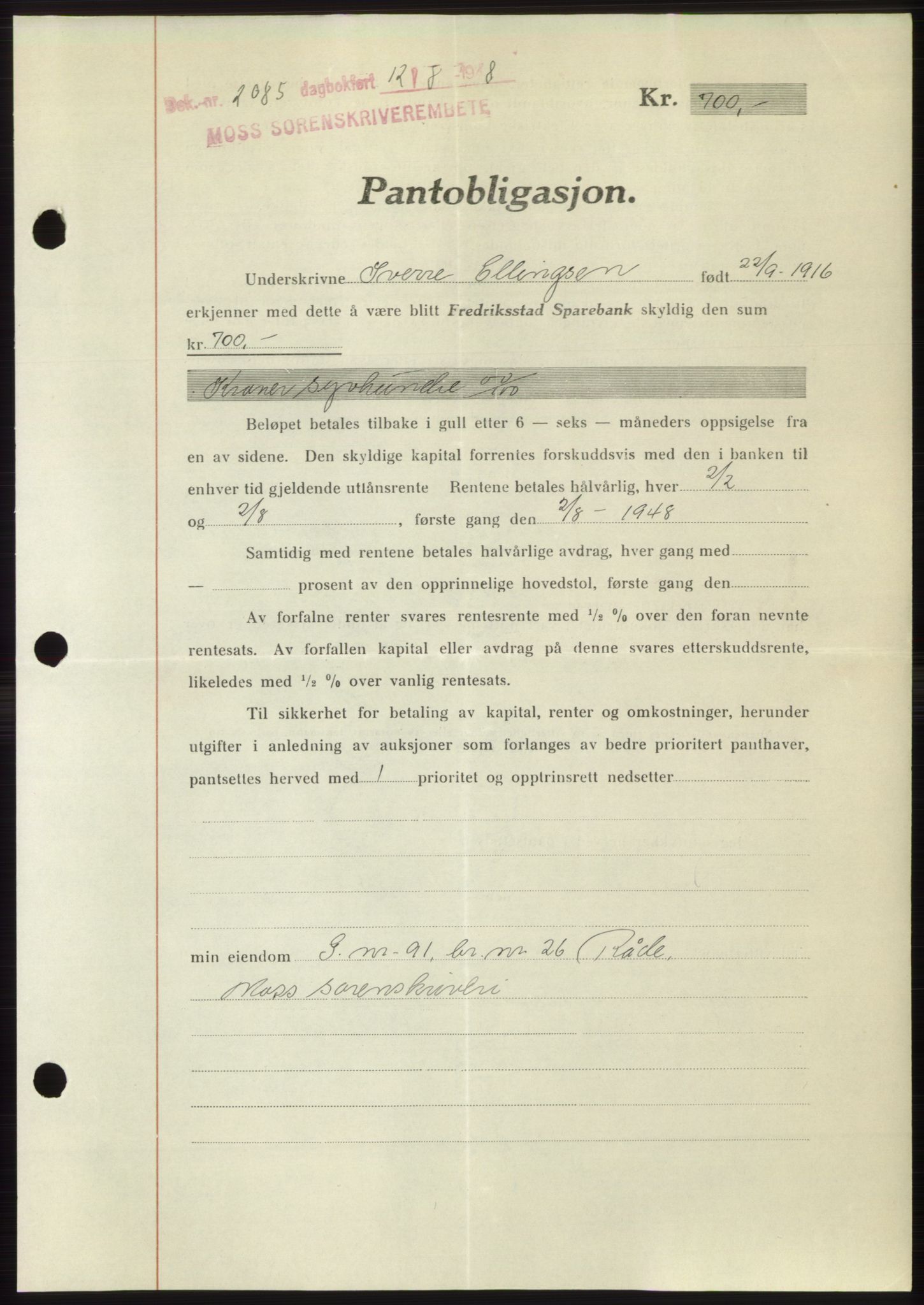 Moss sorenskriveri, AV/SAO-A-10168: Pantebok nr. B20, 1948-1948, Dagboknr: 2085/1948