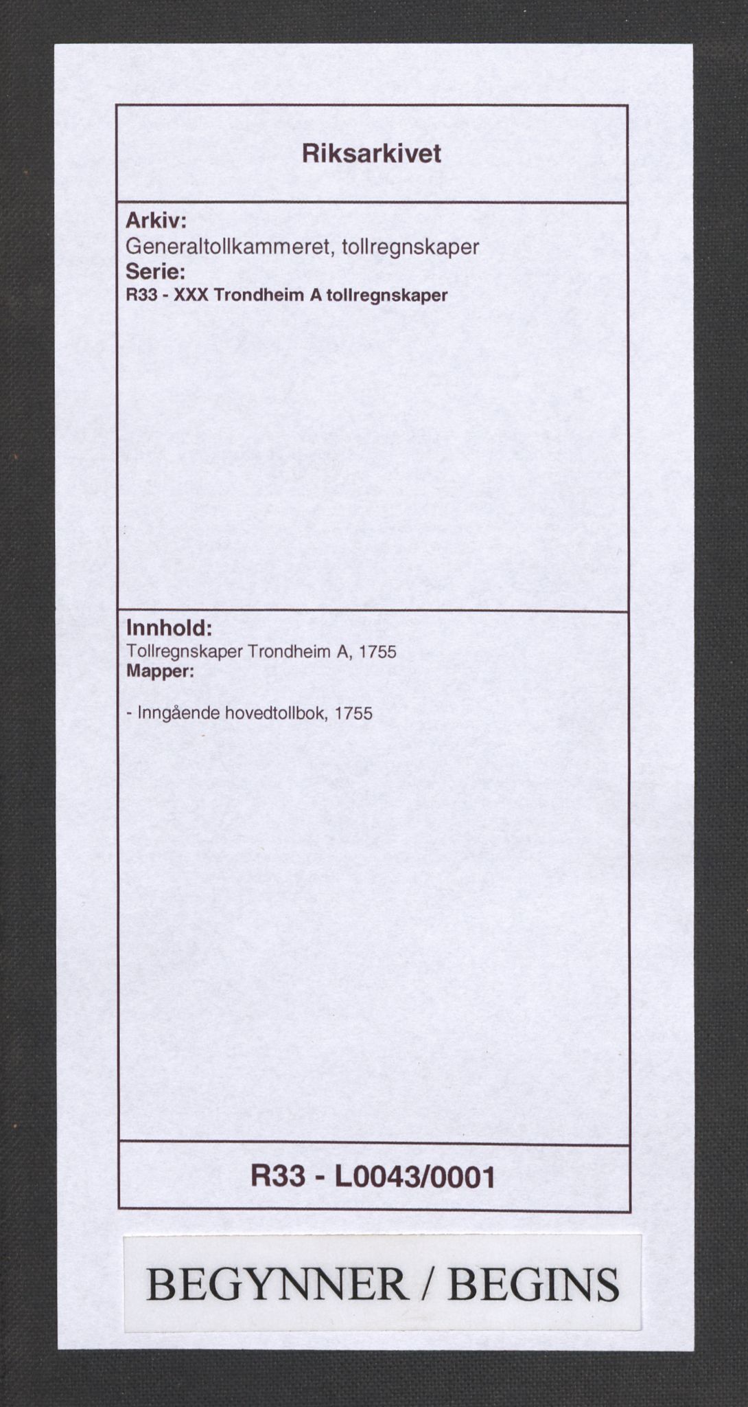 Generaltollkammeret, tollregnskaper, RA/EA-5490/R33/L0043/0001: Tollregnskaper Trondheim A / Inngående hovedtollbok, 1755
