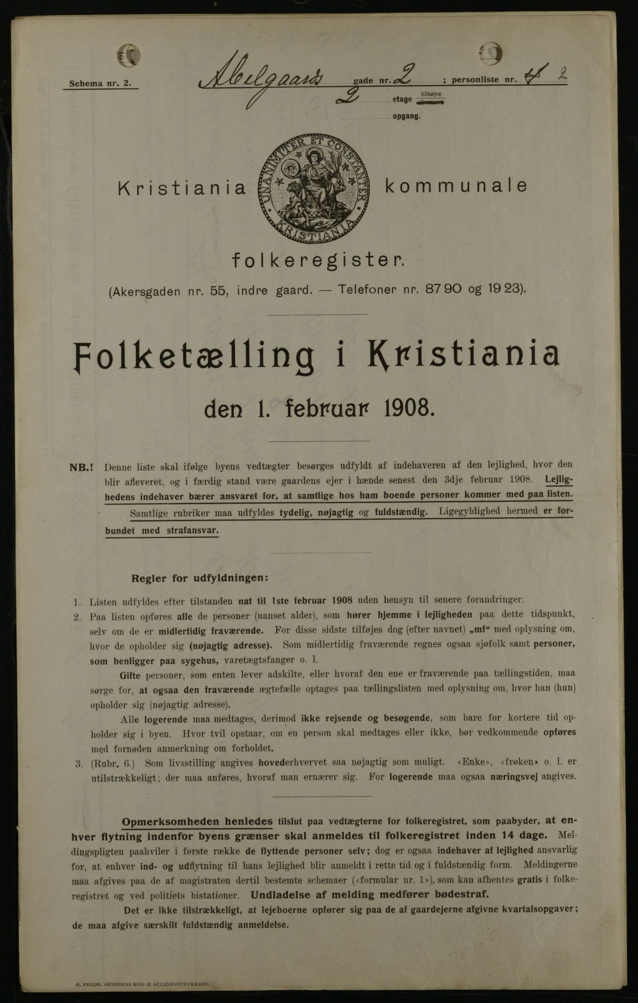OBA, Kommunal folketelling 1.2.1908 for Kristiania kjøpstad, 1908, s. 8