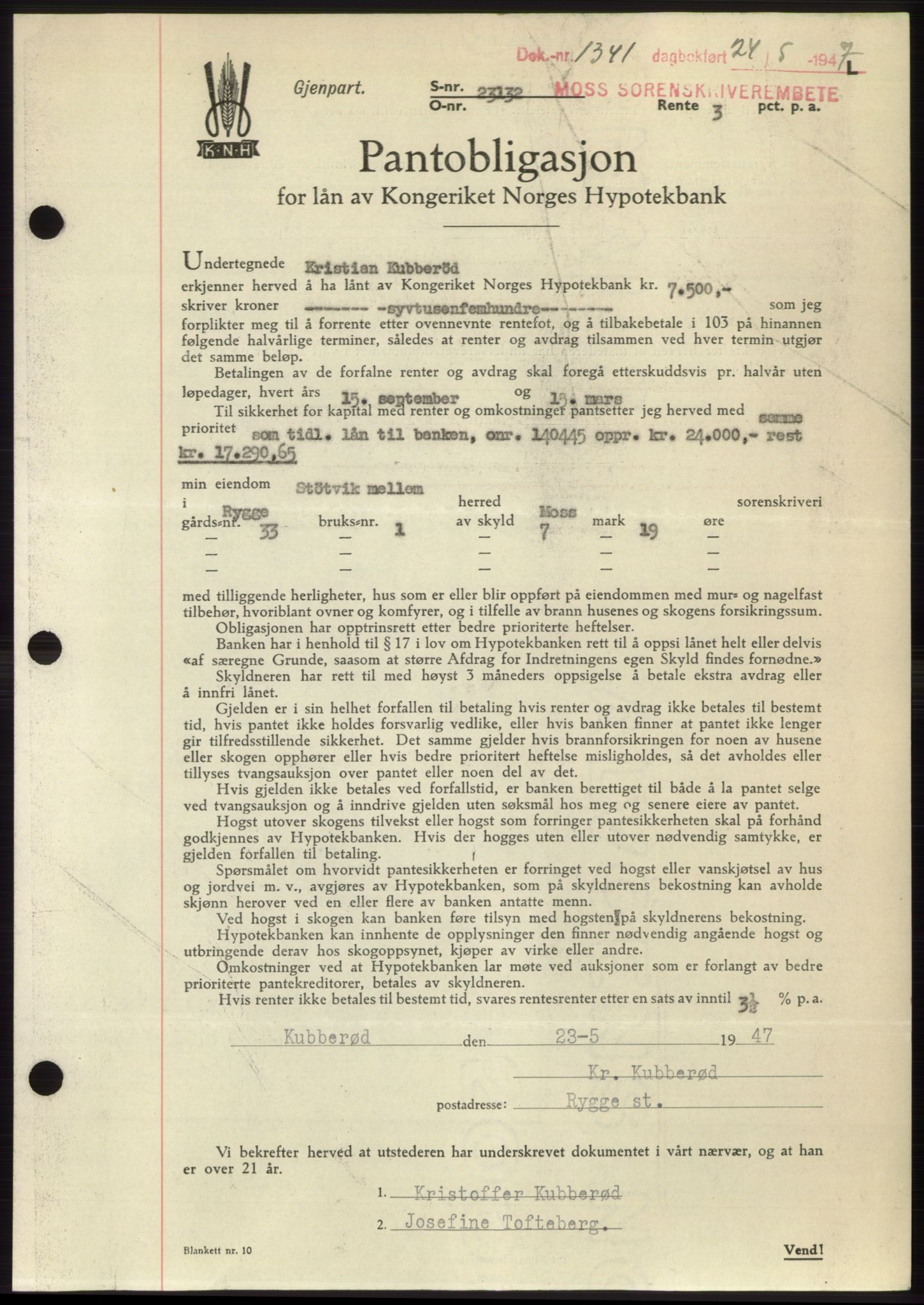 Moss sorenskriveri, SAO/A-10168: Pantebok nr. B17, 1947-1947, Dagboknr: 1341/1947