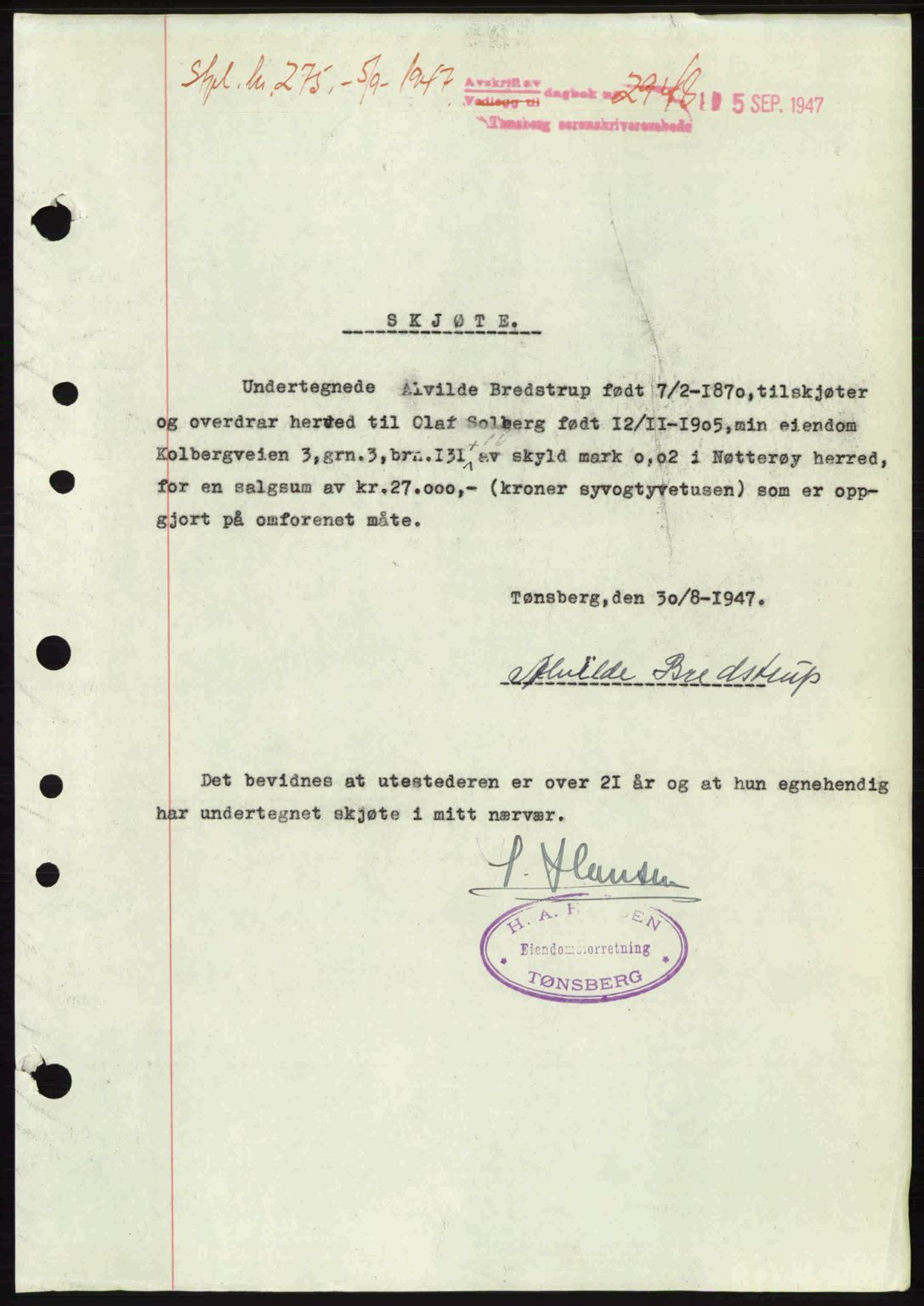 Tønsberg sorenskriveri, SAKO/A-130/G/Ga/Gaa/L0022: Pantebok nr. A22, 1947-1947, Dagboknr: 2948/1947