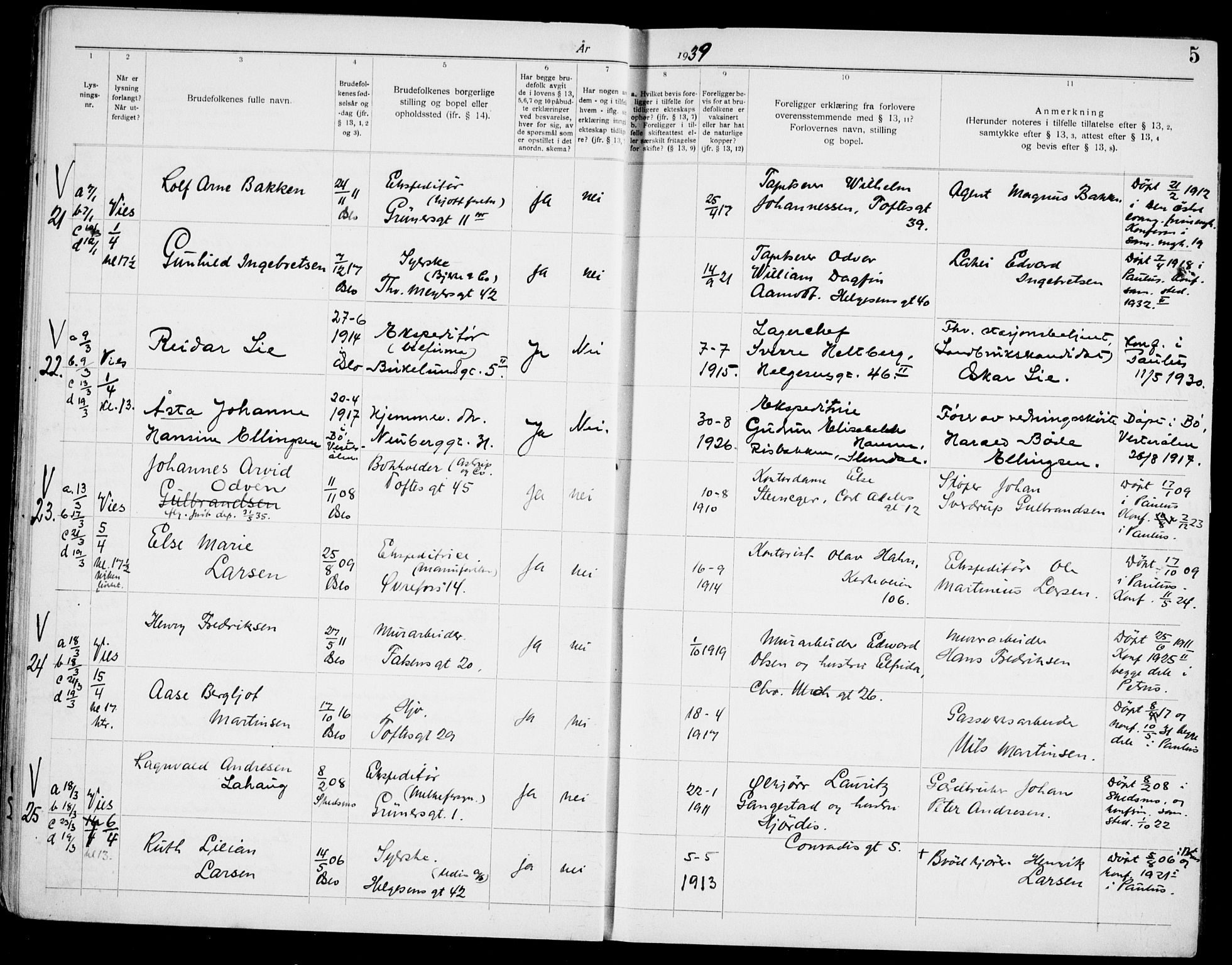 Paulus prestekontor Kirkebøker, AV/SAO-A-10871/H/Ha/L0006: Lysningsprotokoll nr. 6, 1939-1942, s. 5