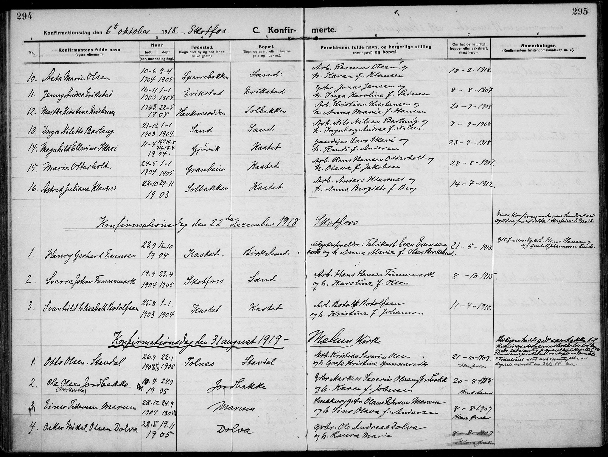 Solum kirkebøker, AV/SAKO-A-306/F/Fb/L0004: Ministerialbok nr. II 4, 1913-1924, s. 294-295