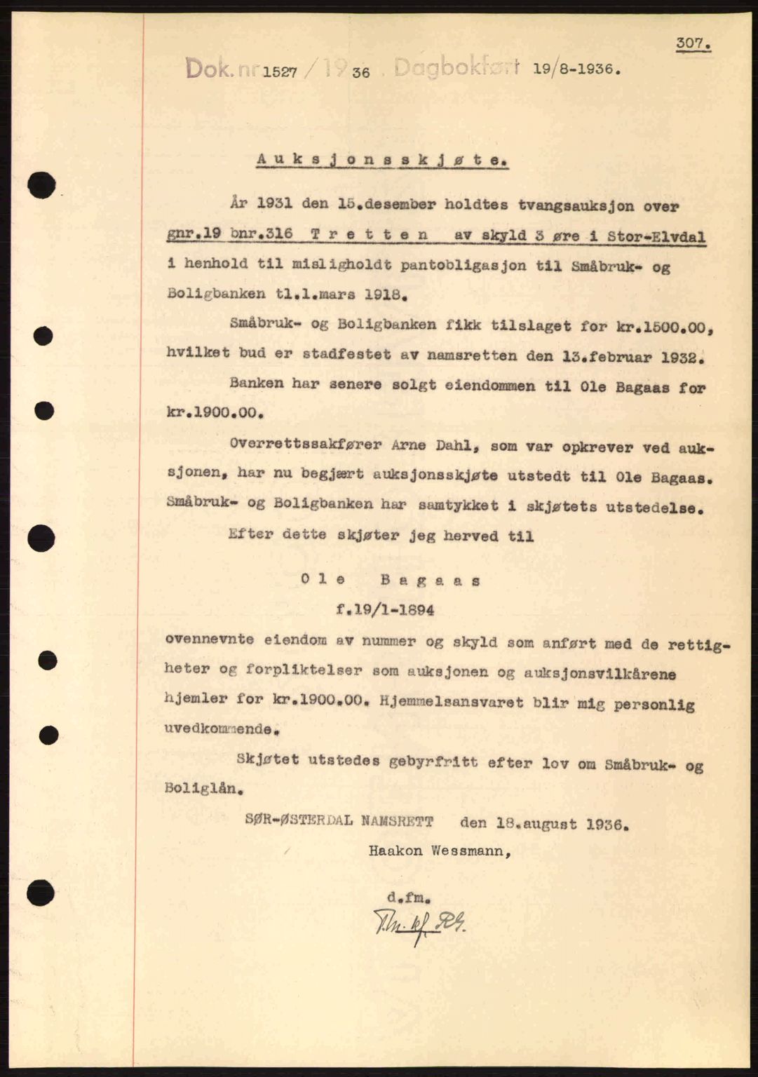 Sør-Østerdal sorenskriveri, SAH/TING-018/H/Hb/Hbb/L0054: Pantebok nr. A54, 1936-1936, Dagboknr: 1527/1936