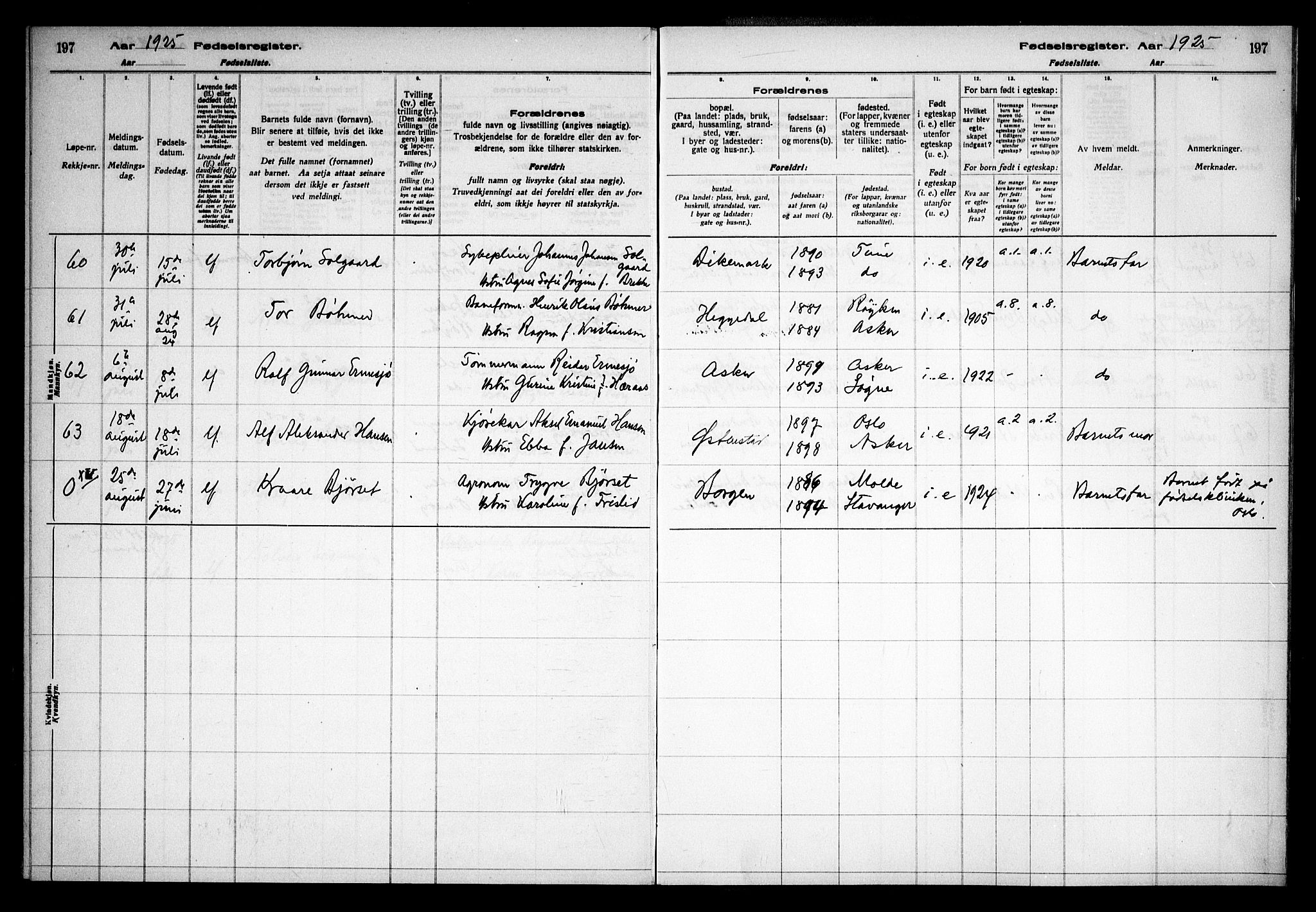 Asker prestekontor Kirkebøker, AV/SAO-A-10256a/J/L0001: Fødselsregister nr. 1, 1916-1925, s. 197