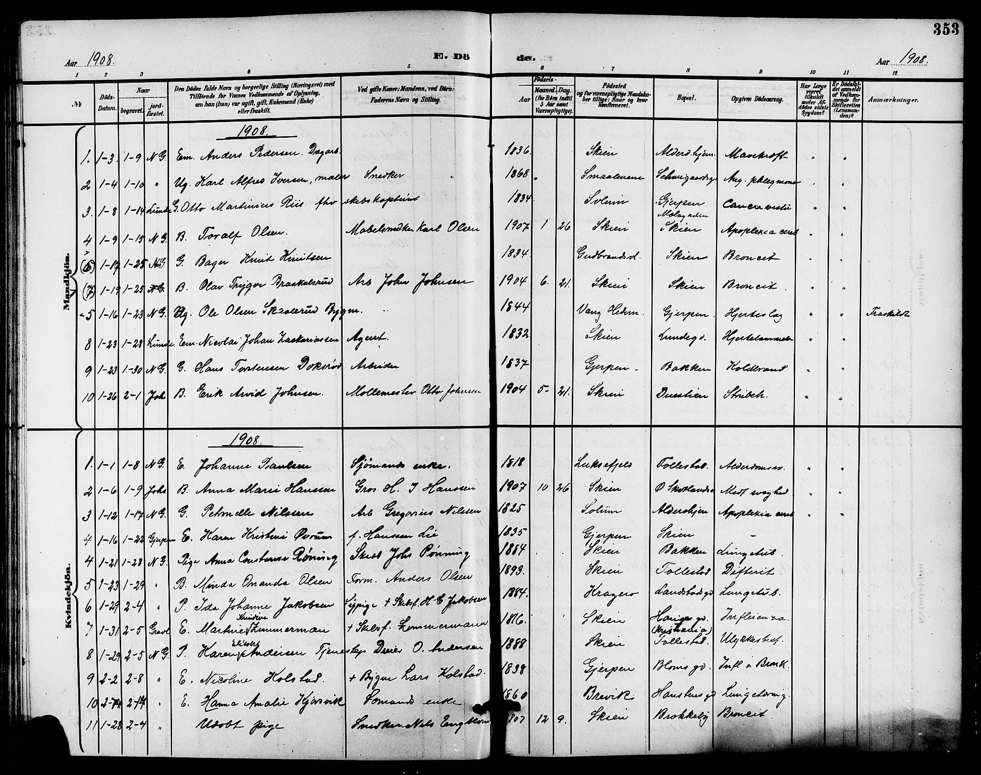 Skien kirkebøker, AV/SAKO-A-302/G/Ga/L0008: Klokkerbok nr. 8, 1900-1910, s. 353