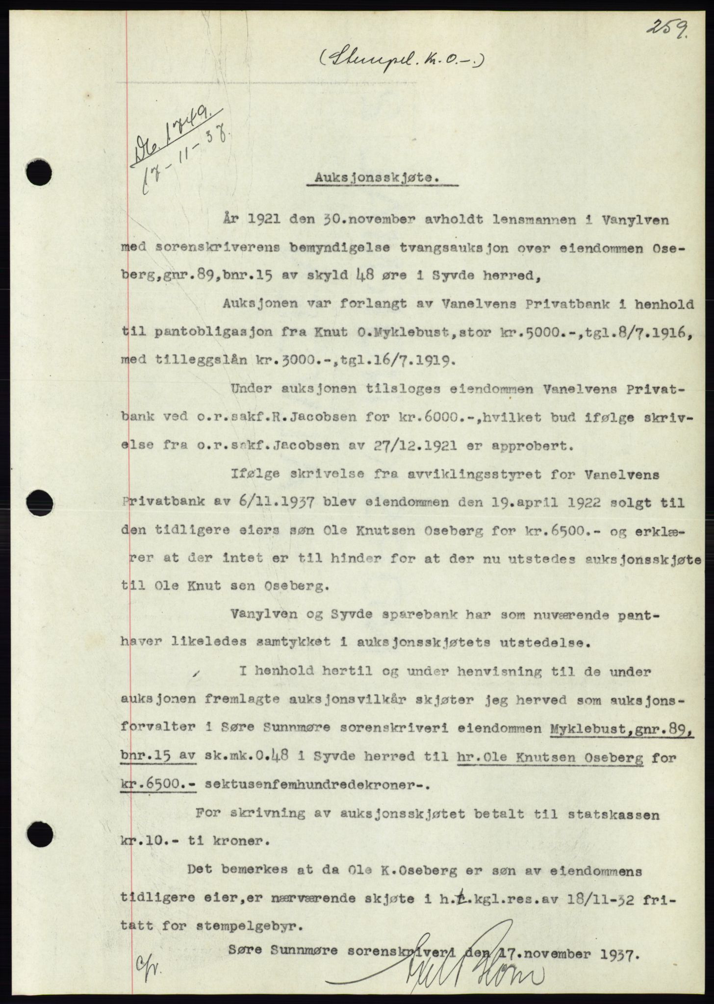 Søre Sunnmøre sorenskriveri, SAT/A-4122/1/2/2C/L0064: Pantebok nr. 58, 1937-1938, Dagboknr: 1749/1937