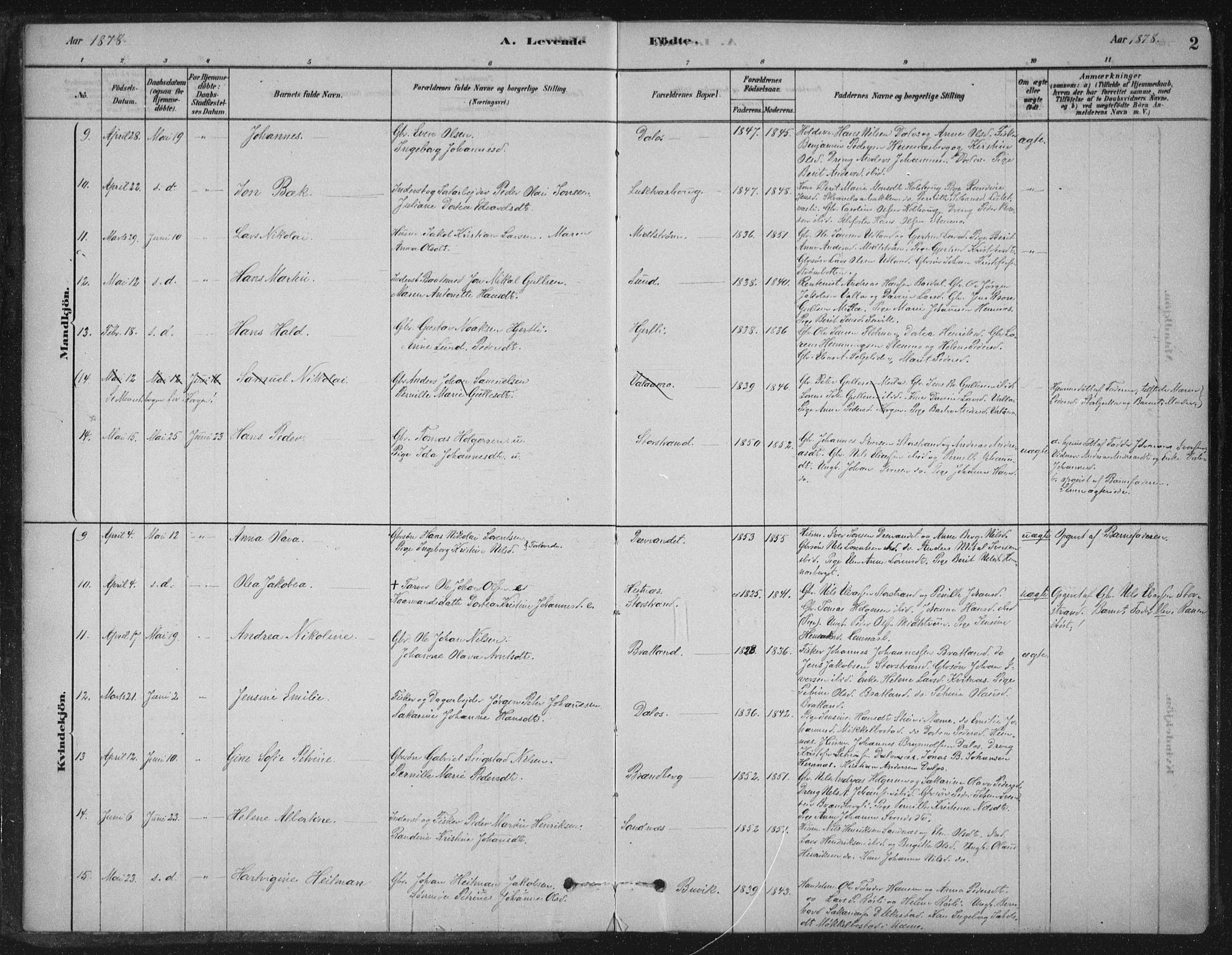 Ministerialprotokoller, klokkerbøker og fødselsregistre - Nordland, AV/SAT-A-1459/825/L0361: Ministerialbok nr. 825A15, 1878-1893, s. 2