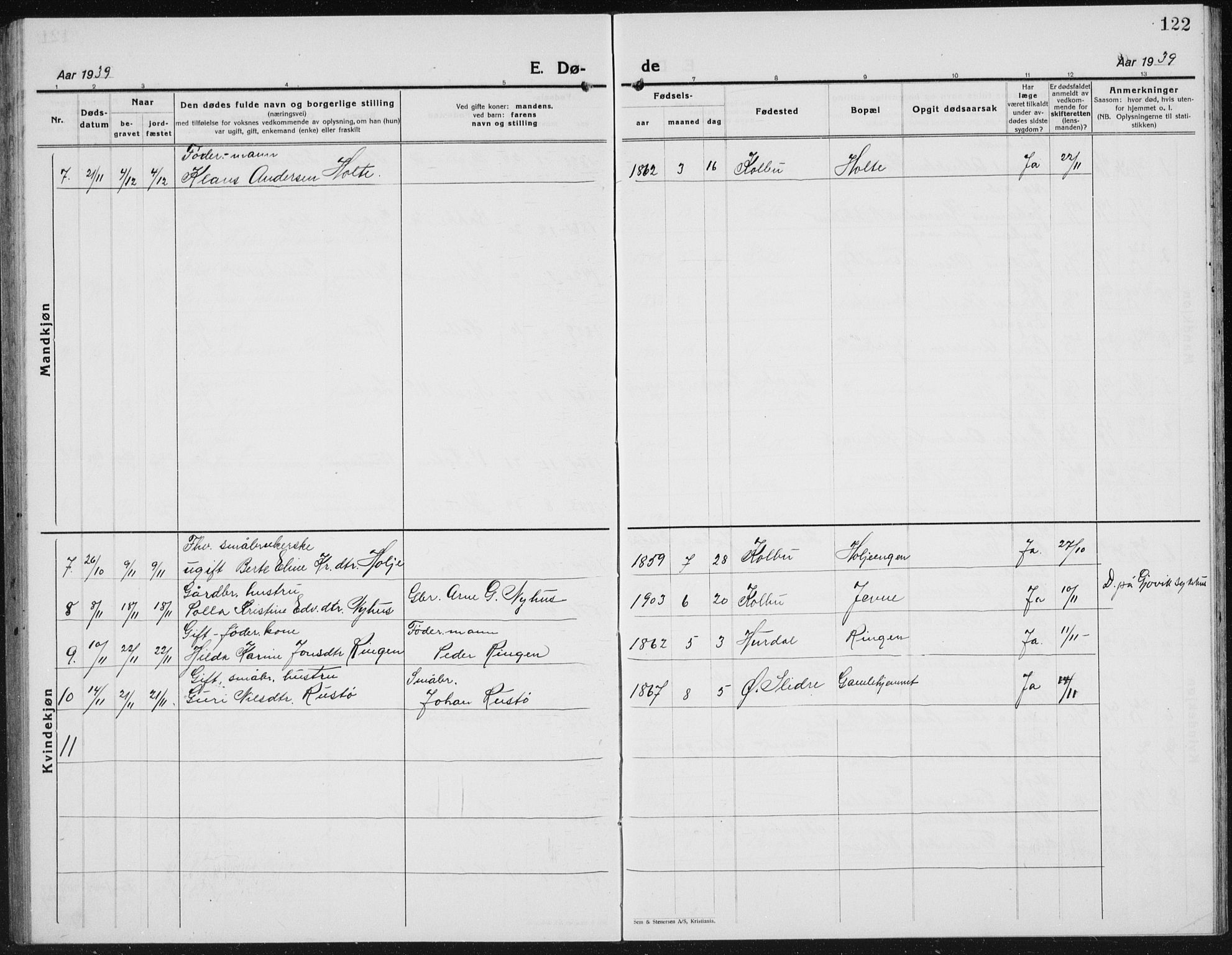 Kolbu prestekontor, AV/SAH-PREST-110/H/Ha/Hab/L0002: Klokkerbok nr. 2, 1925-1942, s. 122